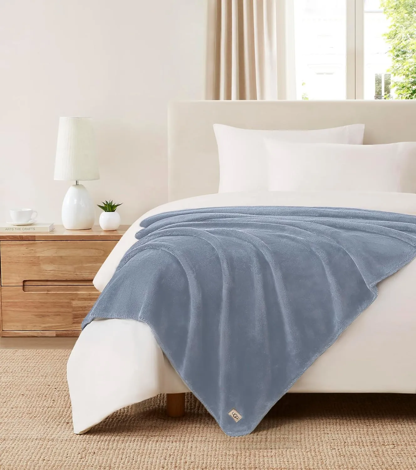 UGG Whitecap Plush Throw Blanket Fleece Lightweight Soft Cozy Throw for Couch or Bed Luxury Home Decor for Living Room Machine Washable Hypoallergenic Flannel Blankets, 50-inch x 70-inch, Denim Blue
