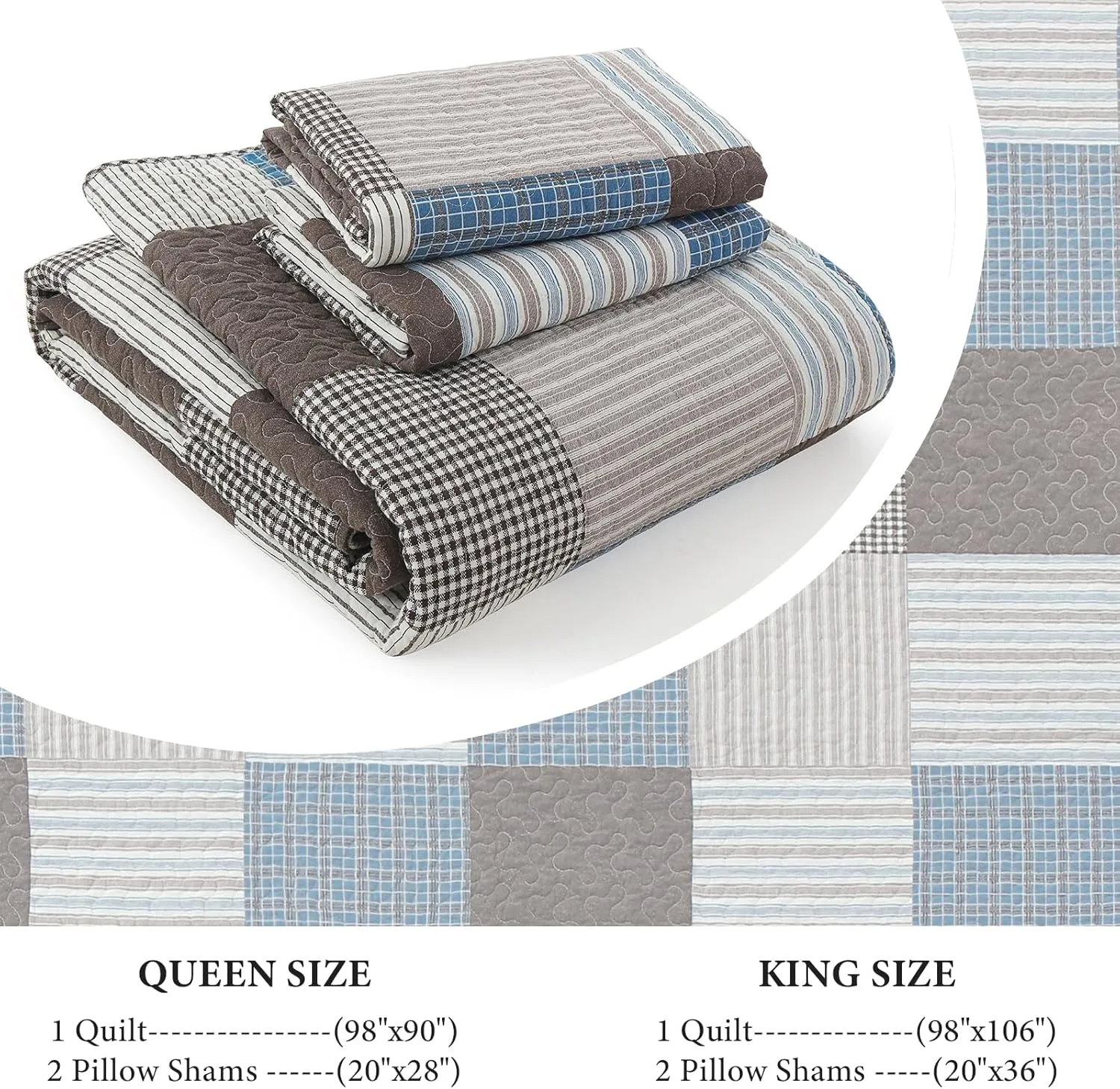 Uniclinens Plaid Quilt Set Queen Size, 100% Cotton Patchwork Quilt Bedding Set Bedspreads, Farmhouse Lightweight Comforter Quilted Quilt, 3 Pieces Set with 2 Pillowshams, Blue/Brown/White
