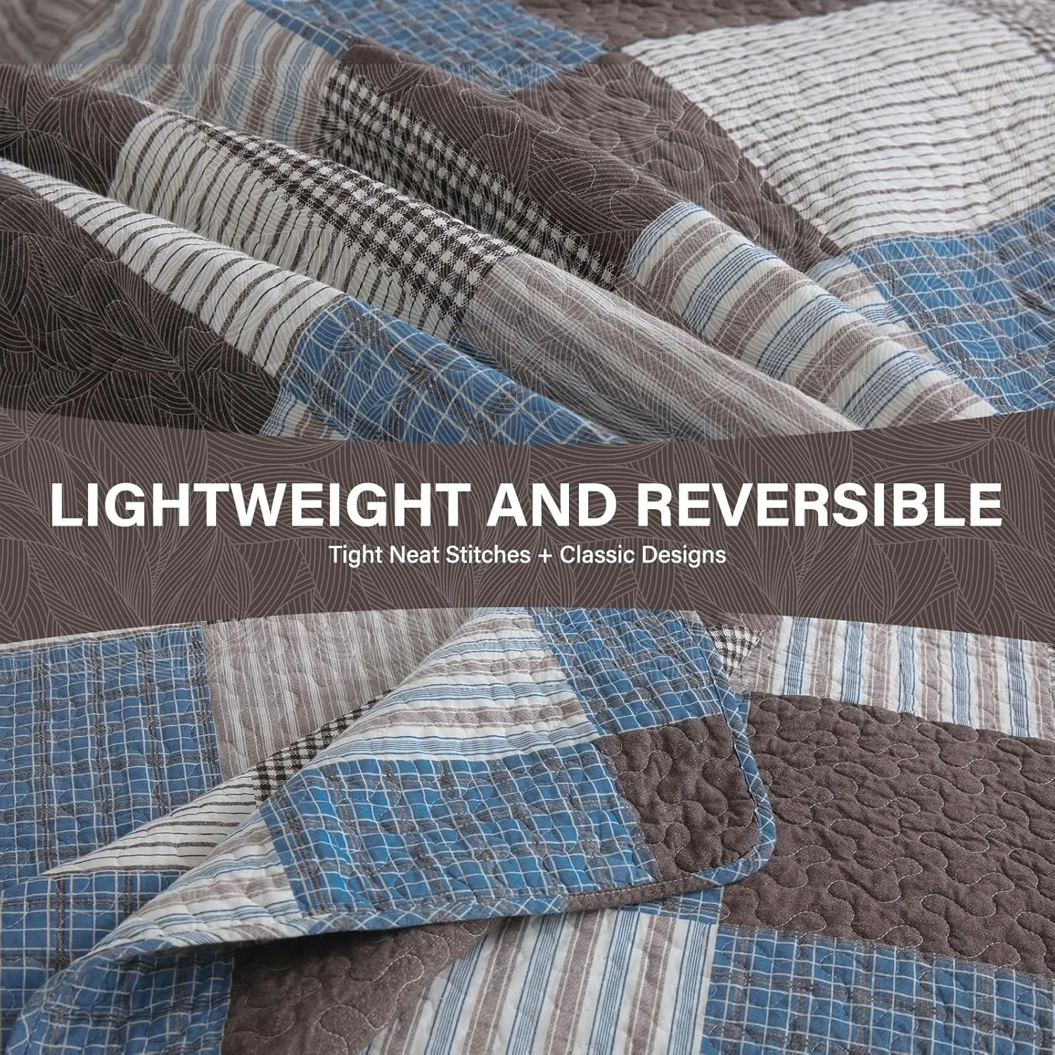 Uniclinens Plaid Quilt Set Queen Size, 100% Cotton Patchwork Quilt Bedding Set Bedspreads, Farmhouse Lightweight Comforter Quilted Quilt, 3 Pieces Set with 2 Pillowshams, Blue/Brown/White