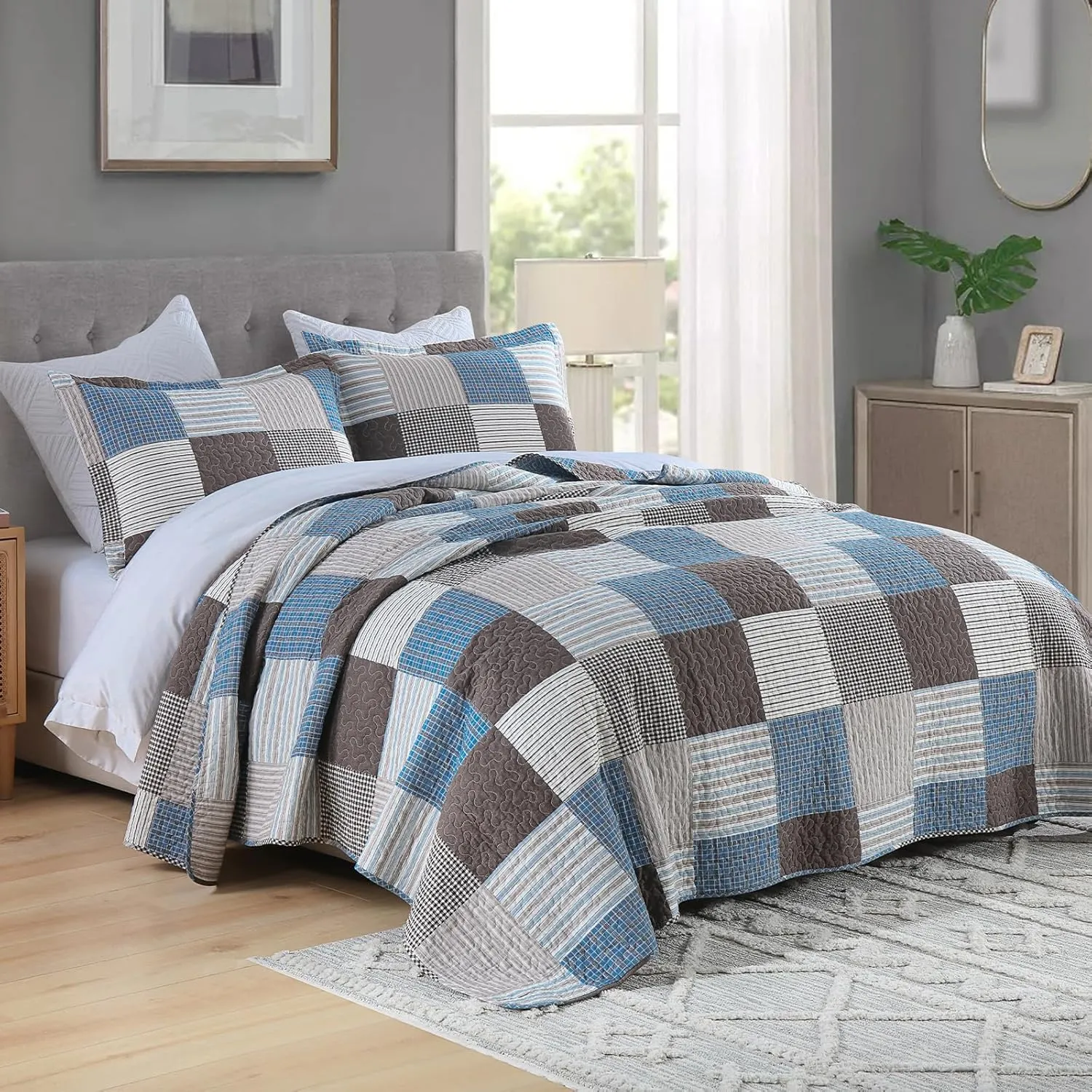 Uniclinens Plaid Quilt Set Queen Size, 100% Cotton Patchwork Quilt Bedding Set Bedspreads, Farmhouse Lightweight Comforter Quilted Quilt, 3 Pieces Set with 2 Pillowshams, Blue/Brown/White