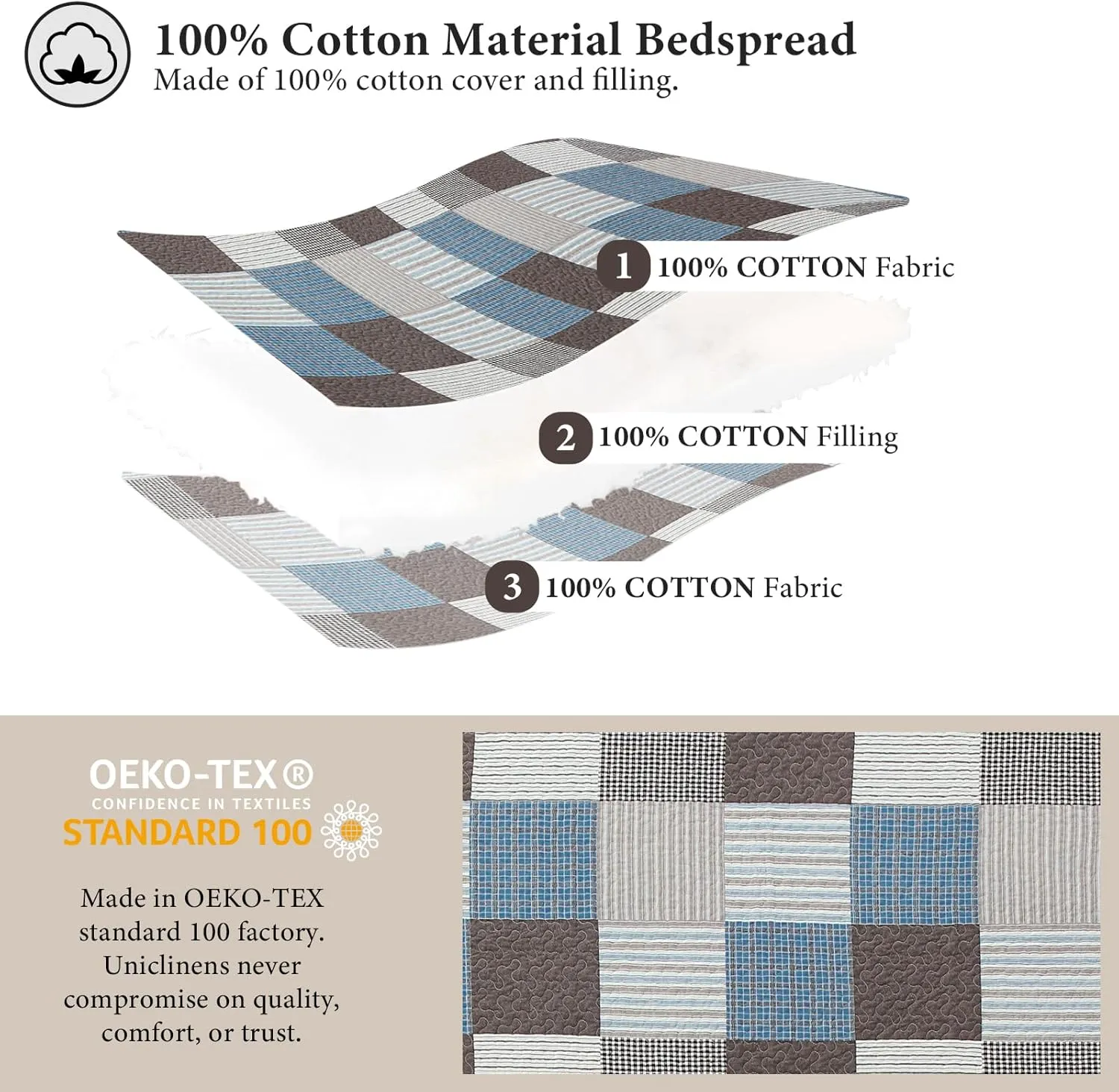 Uniclinens Plaid Quilt Set Queen Size, 100% Cotton Patchwork Quilt Bedding Set Bedspreads, Farmhouse Lightweight Comforter Quilted Quilt, 3 Pieces Set with 2 Pillowshams, Blue/Brown/White