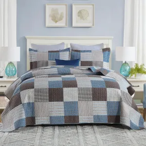 Uniclinens Plaid Quilt Set Queen Size, 100% Cotton Patchwork Quilt Bedding Set Bedspreads, Farmhouse Lightweight Comforter Quilted Quilt, 3 Pieces Set with 2 Pillowshams, Blue/Brown/White