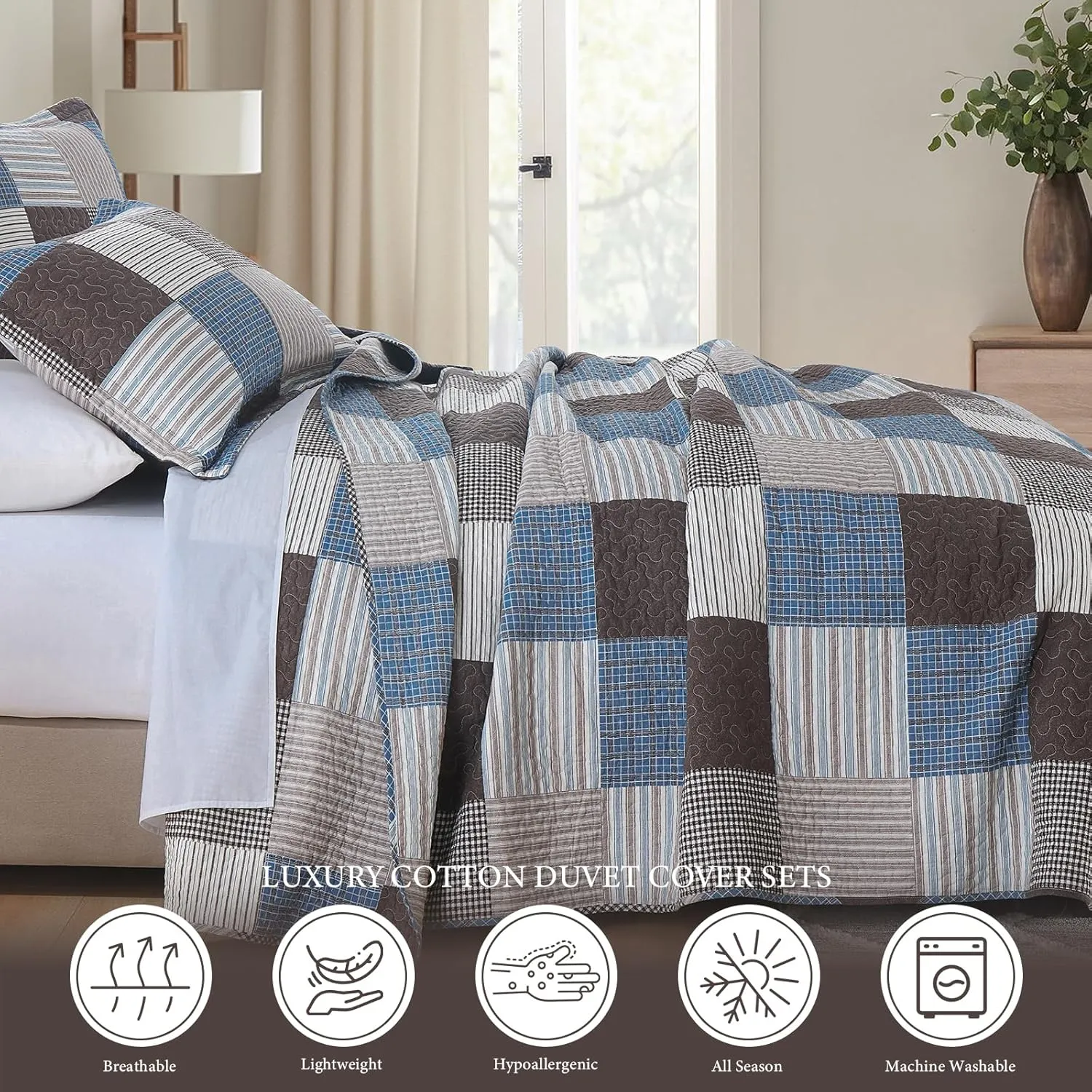 Uniclinens Plaid Quilt Set Queen Size, 100% Cotton Patchwork Quilt Bedding Set Bedspreads, Farmhouse Lightweight Comforter Quilted Quilt, 3 Pieces Set with 2 Pillowshams, Blue/Brown/White