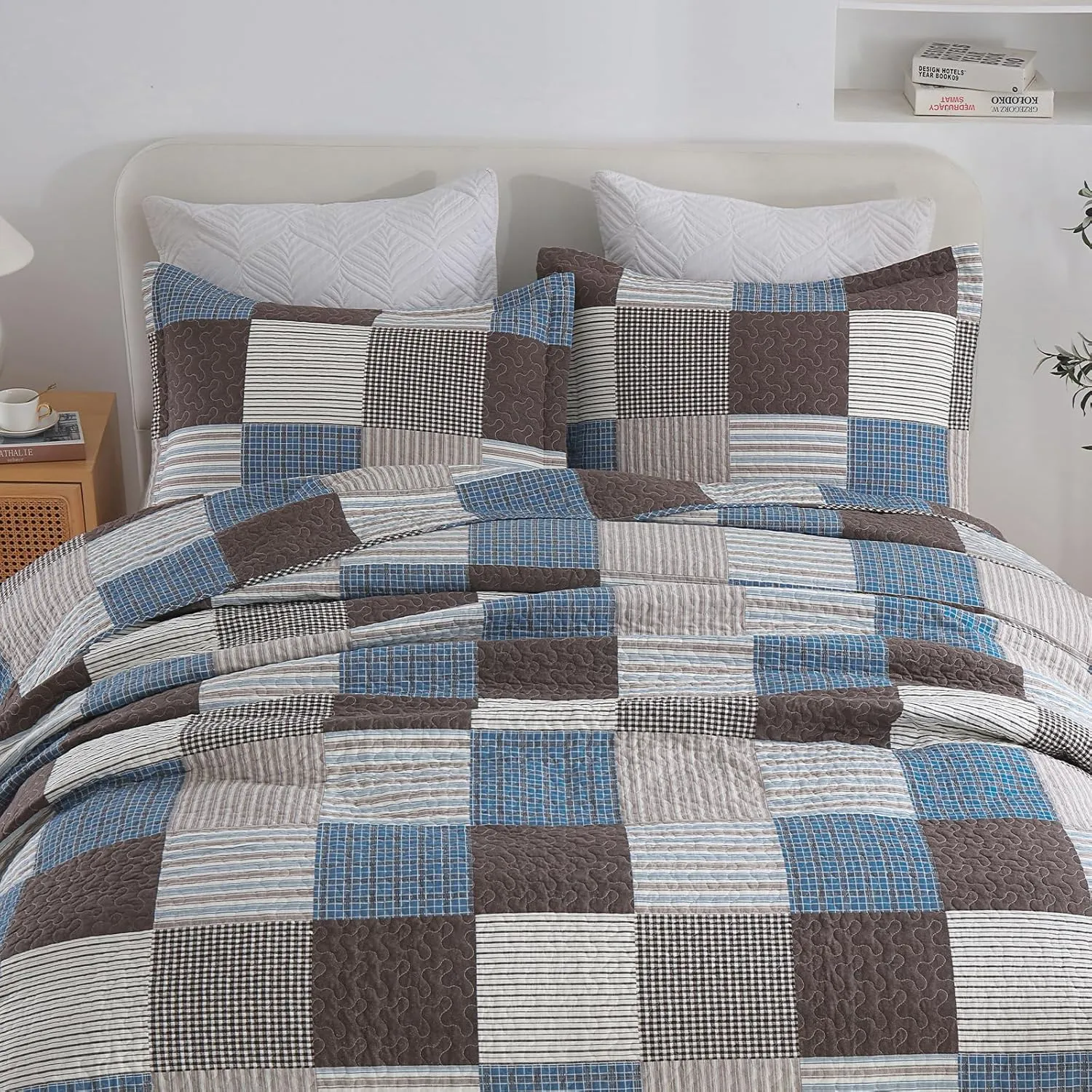 Uniclinens Plaid Quilt Set Queen Size, 100% Cotton Patchwork Quilt Bedding Set Bedspreads, Farmhouse Lightweight Comforter Quilted Quilt, 3 Pieces Set with 2 Pillowshams, Blue/Brown/White