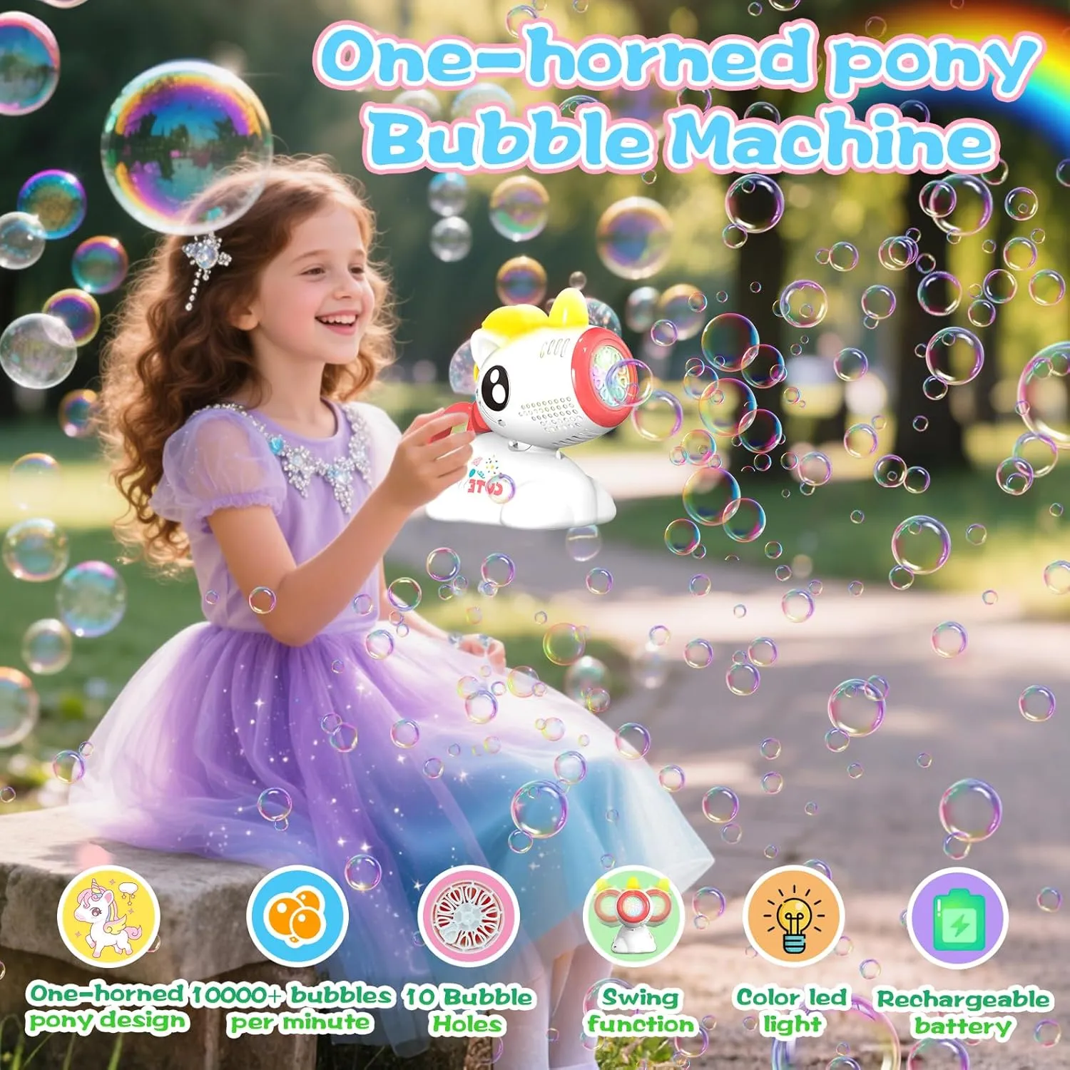 Unicorn Bubble Machine, Kids Rocking Bubble Toy, 10000  Bubbles per Minute/Rechargeable Battery/Bubble Liquid Included, Bubble Toy Gift for Boys and Girls, Perfect for Wedding/Birthday/Party (Pink)