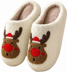 Unisex Xmas Elk Shoes Santa Reindeer Cute Cartoon Christmas Tree Memory Foam Soft Plush House Slippers Indoor/Outdoor