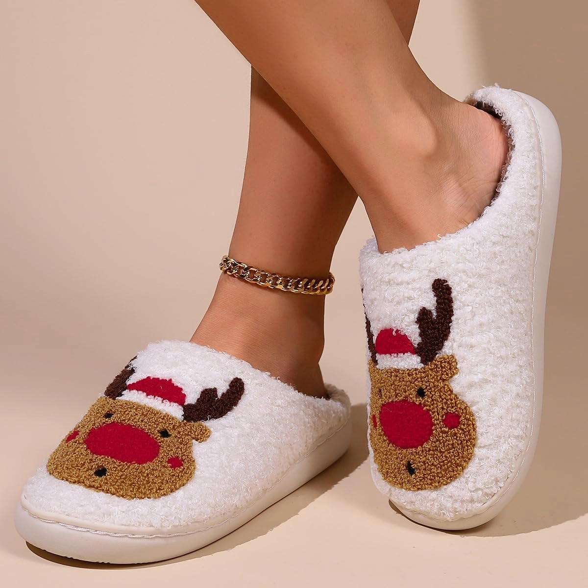 Unisex Xmas Elk Shoes Santa Reindeer Cute Cartoon Christmas Tree Memory Foam Soft Plush House Slippers Indoor/Outdoor