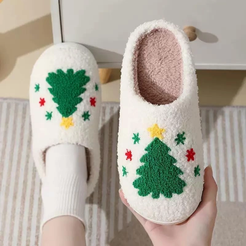 Unisex Xmas Elk Shoes Santa Reindeer Cute Strawberry Cartoon Christmas Tree Pink Bow Memory Foam Soft Plush House Slippers Indoor/Outdoor