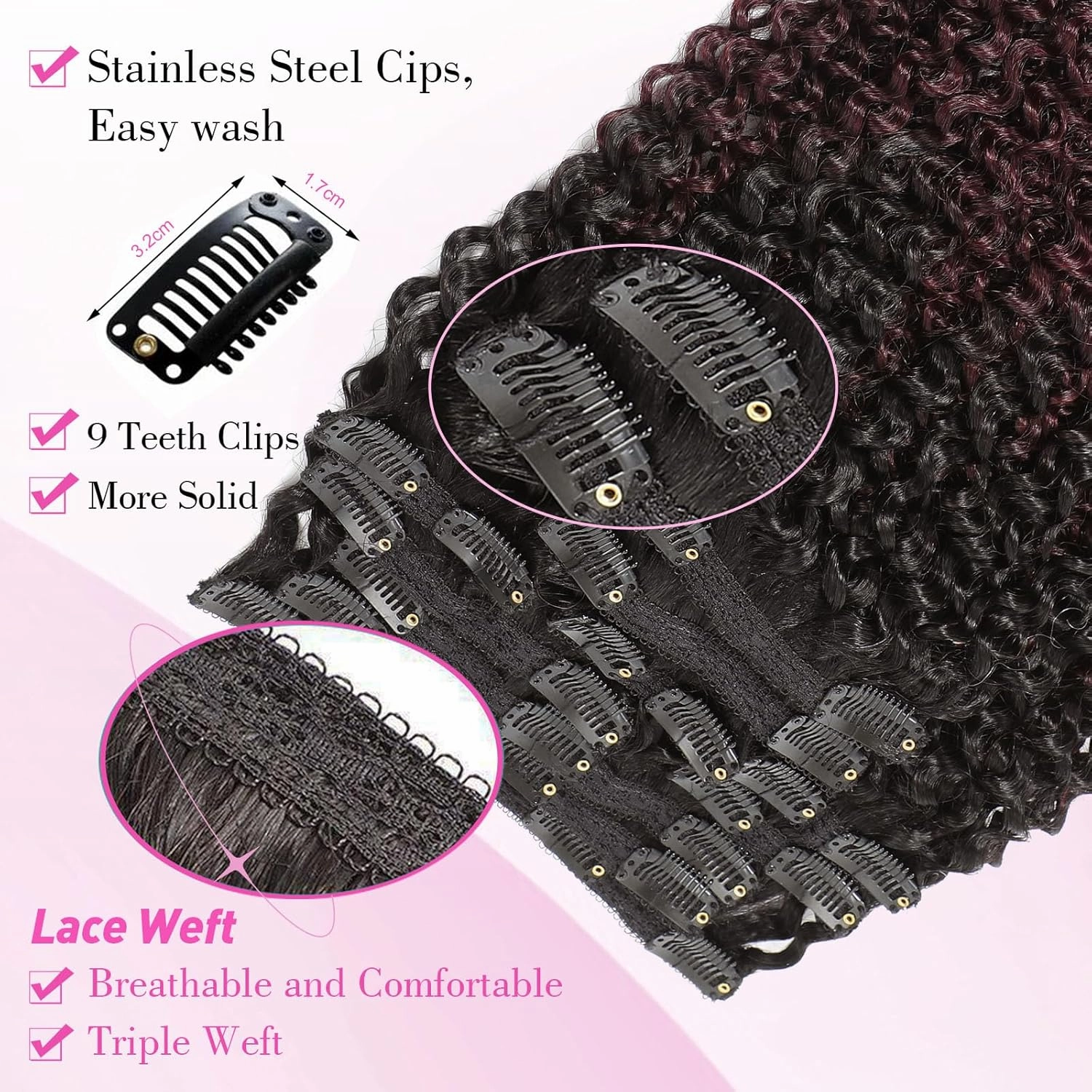Urbeauty 1B/99J Clip in Hair Extensions - Curly Real Human Hair for Black Women, Burgundy Kinky Curly (12 Inch)