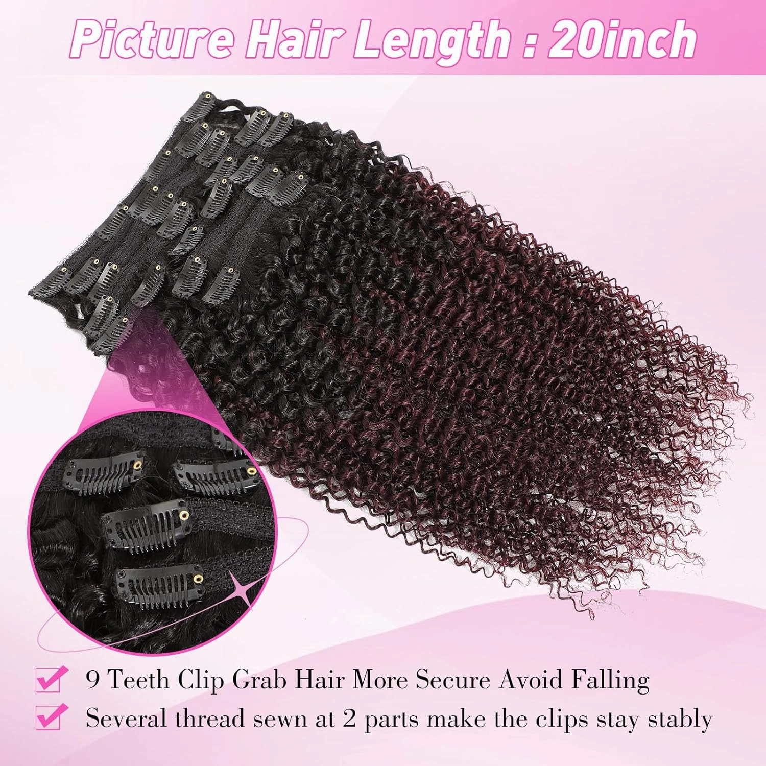 Urbeauty 1B/99J Clip in Hair Extensions - Curly Real Human Hair for Black Women, Burgundy Kinky Curly (12 Inch)