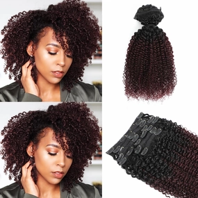 Urbeauty 1B/99J Clip in Hair Extensions - Curly Real Human Hair for Black Women, Burgundy Kinky Curly (12 Inch)