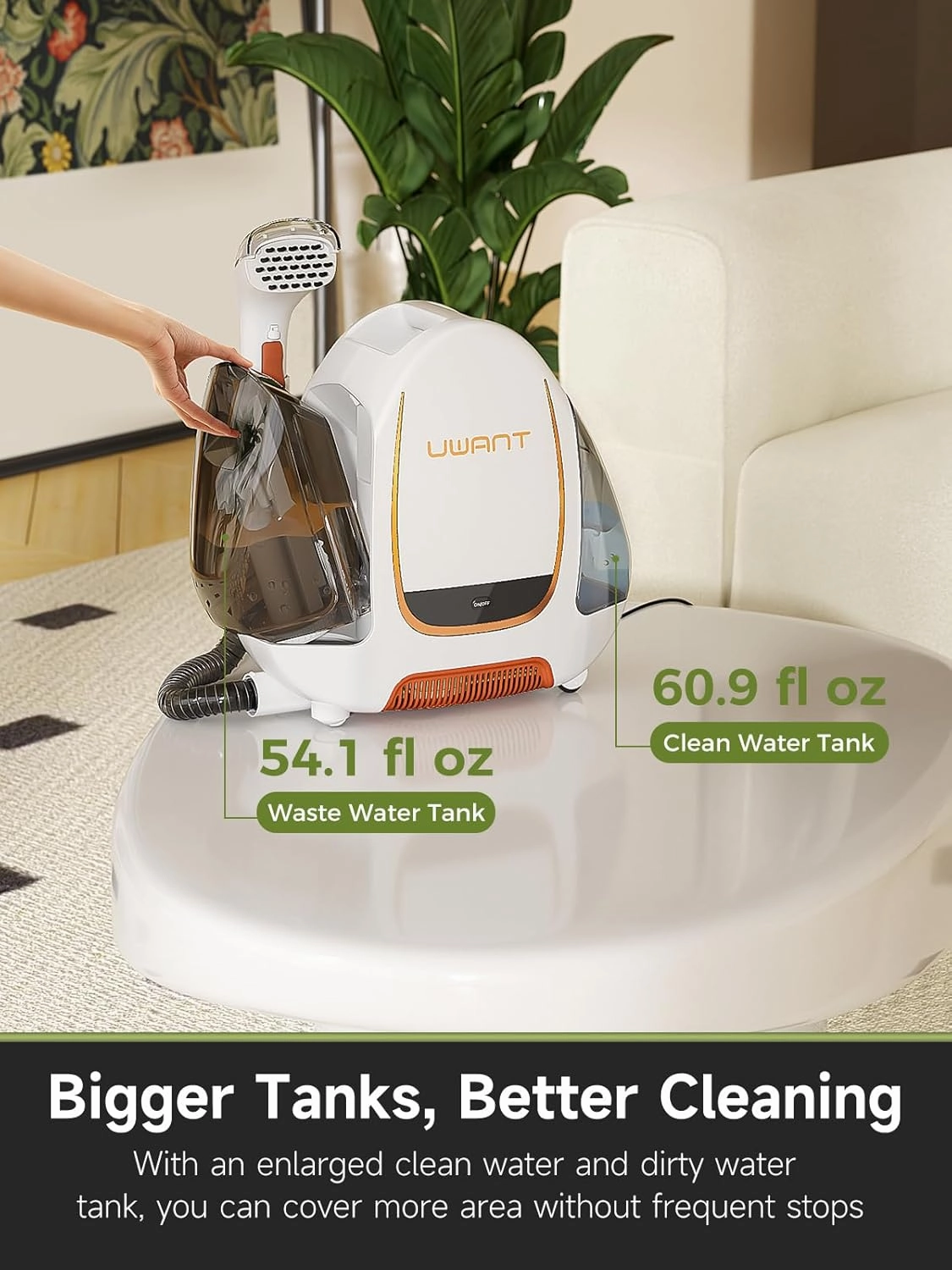 uwant Portable Carpet & Upholstery Cleaner Machine, 15Kpa Powerful Suction Small Handheld Cleaner, Carpet Shampooer for Rug, Couch, Furniture, Pet Stains, Car, Auto Detailer (White)