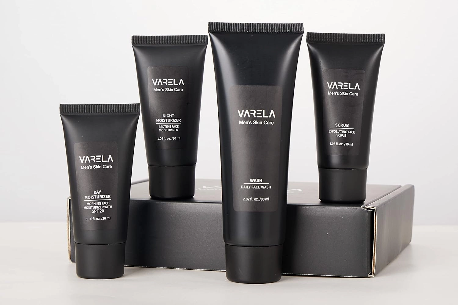 VARELA - Premium Men's 4pc Skin Care Set | Men's Face Scrub | Men's Morning Moisturizer with SPF20 and Men's Evening Moisturizer | Men's Face Cleanser | 1 Month Supply