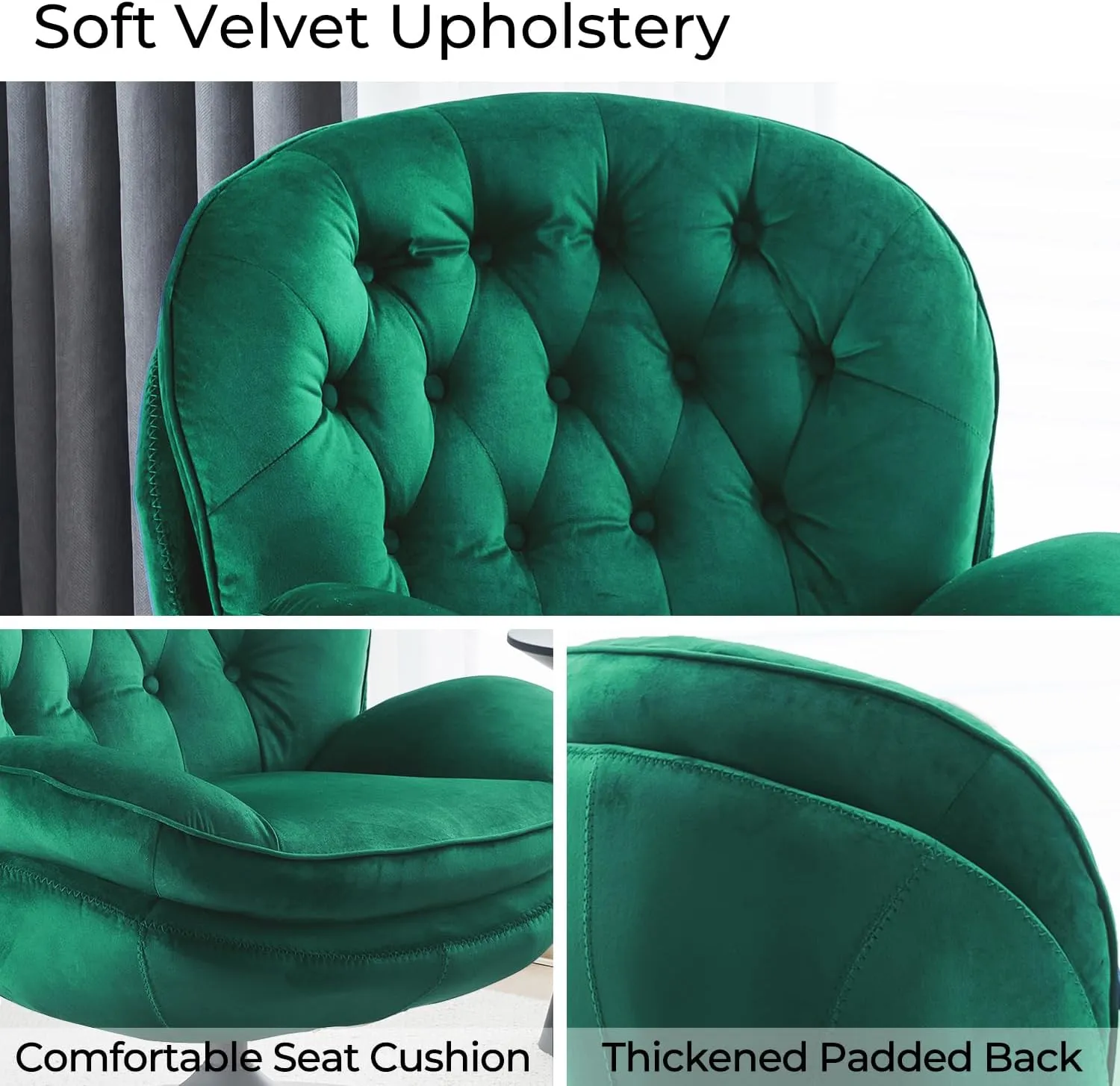 Velvet Swivel Accent Chair with Ottoman Set, Modern Tufted Armchair with Footrest for Living Room, Reading TV Chair for Adults, Comfy Chaise Lounge Chairs with 360 Degree Swiveling for Bedroom, Green