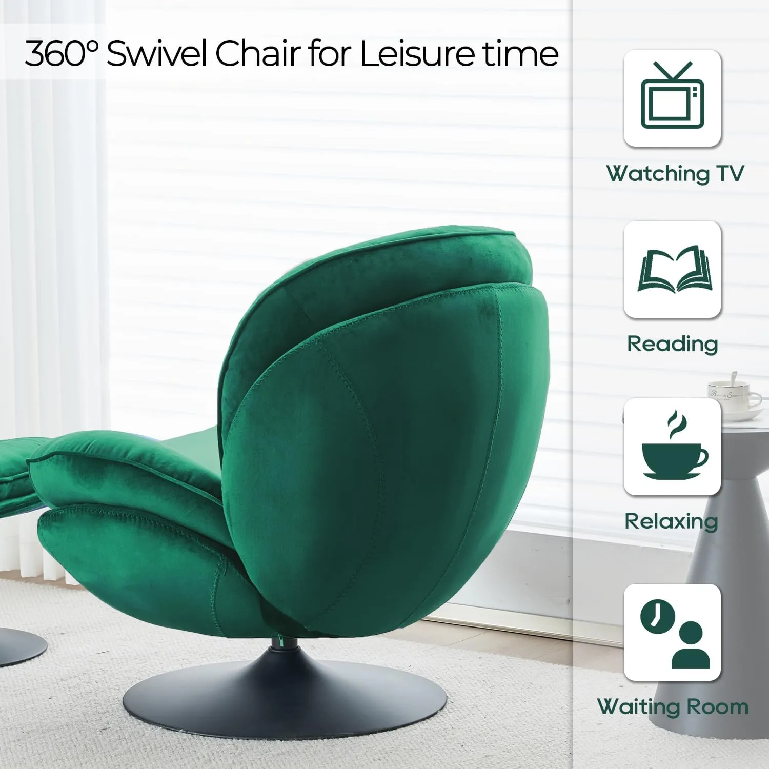 Velvet Swivel Accent Chair with Ottoman Set, Modern Tufted Armchair with Footrest for Living Room, Reading TV Chair for Adults, Comfy Chaise Lounge Chairs with 360 Degree Swiveling for Bedroom, Green