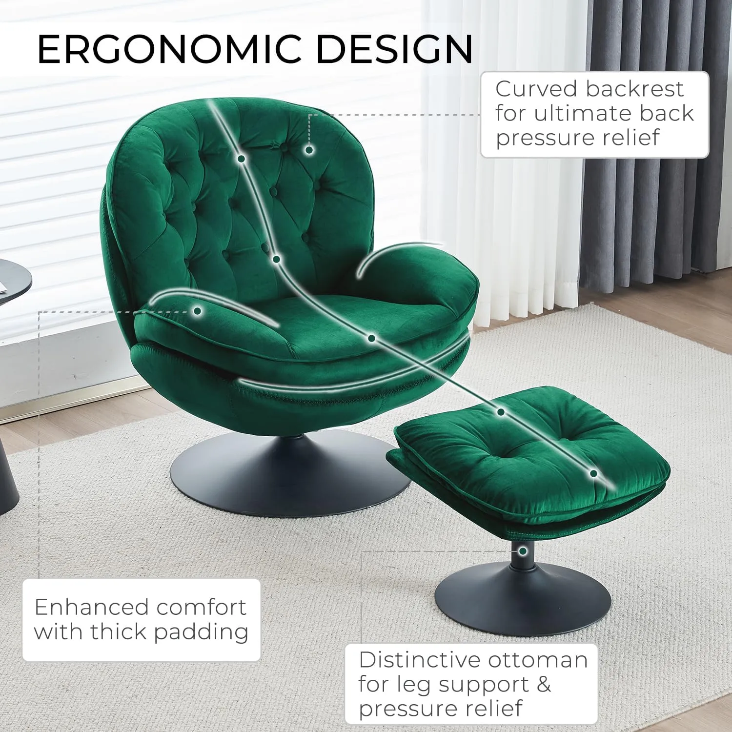Velvet Swivel Accent Chair with Ottoman Set, Modern Tufted Armchair with Footrest for Living Room, Reading TV Chair for Adults, Comfy Chaise Lounge Chairs with 360 Degree Swiveling for Bedroom, Green