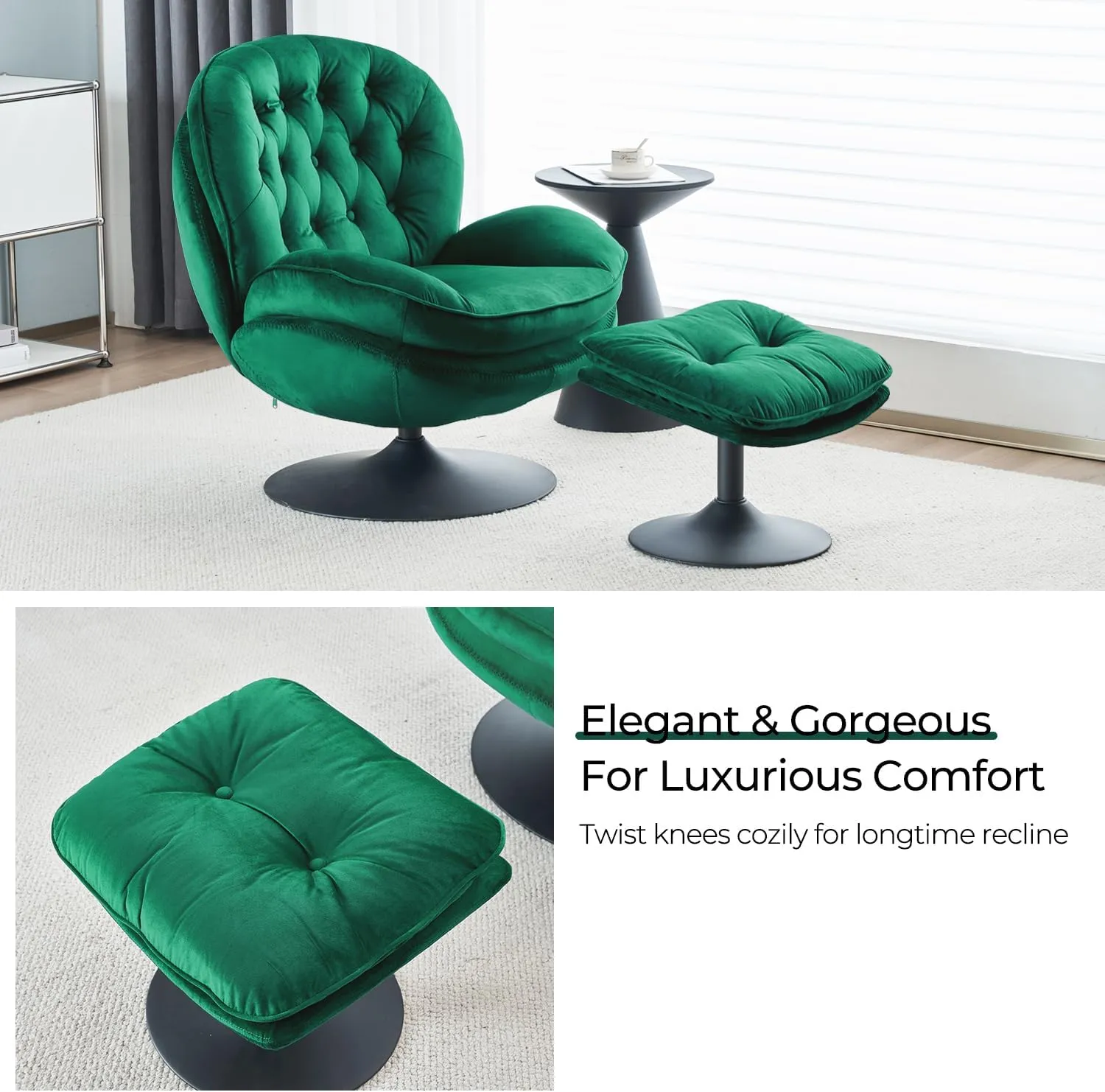 Velvet Swivel Accent Chair with Ottoman Set, Modern Tufted Armchair with Footrest for Living Room, Reading TV Chair for Adults, Comfy Chaise Lounge Chairs with 360 Degree Swiveling for Bedroom, Green