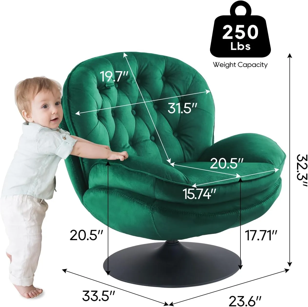 Velvet Swivel Accent Chair with Ottoman Set, Modern Tufted Armchair with Footrest for Living Room, Reading TV Chair for Adults, Comfy Chaise Lounge Chairs with 360 Degree Swiveling for Bedroom, Green