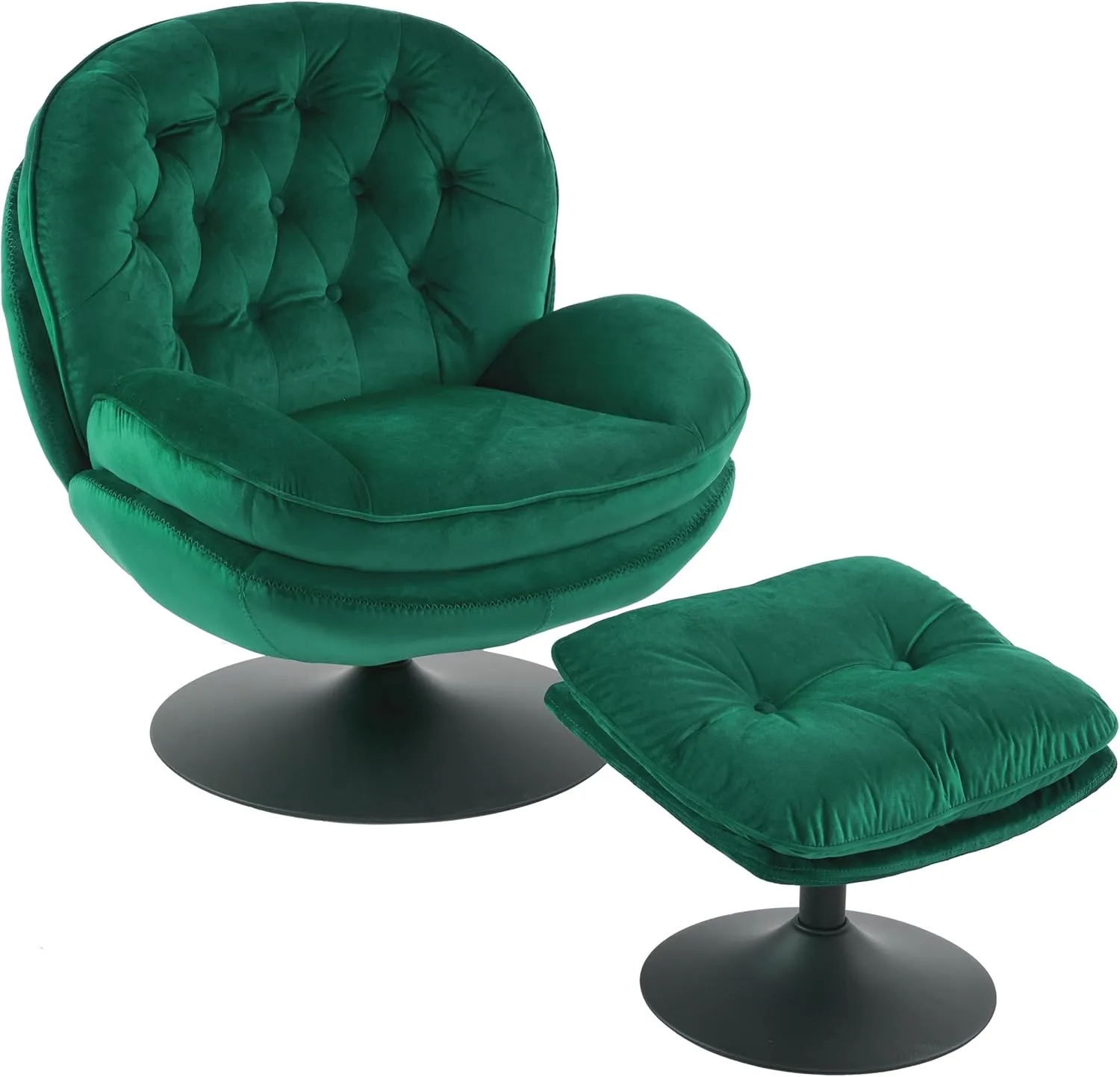 Velvet Swivel Accent Chair with Ottoman Set, Modern Tufted Armchair with Footrest for Living Room, Reading TV Chair for Adults, Comfy Chaise Lounge Chairs with 360 Degree Swiveling for Bedroom, Green