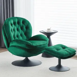 Velvet Swivel Accent Chair with Ottoman Set, Modern Tufted Armchair with Footrest for Living Room, Reading TV Chair for Adults, Comfy Chaise Lounge Chairs with 360 Degree Swiveling for Bedroom, Green