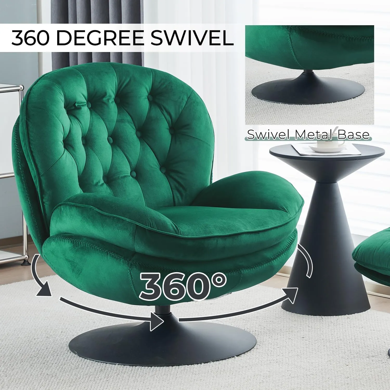 Velvet Swivel Accent Chair with Ottoman Set, Modern Tufted Armchair with Footrest for Living Room, Reading TV Chair for Adults, Comfy Chaise Lounge Chairs with 360 Degree Swiveling for Bedroom, Green