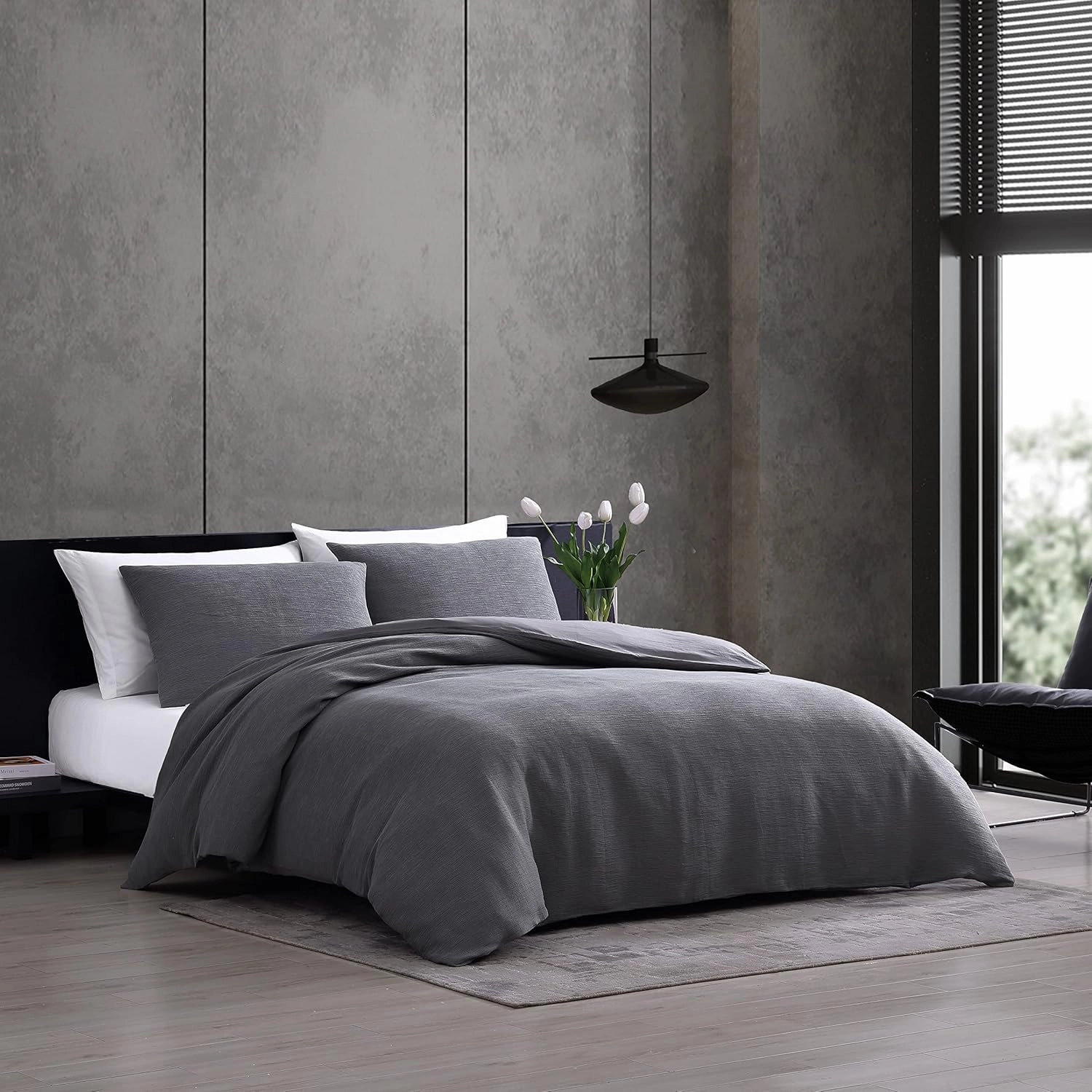 Vera Wang- King Duvet Cover Set, Reversible Cotton Bedding Set with Matching Shams, Designer Home Décor (Textured Pleats Charcoal, King)