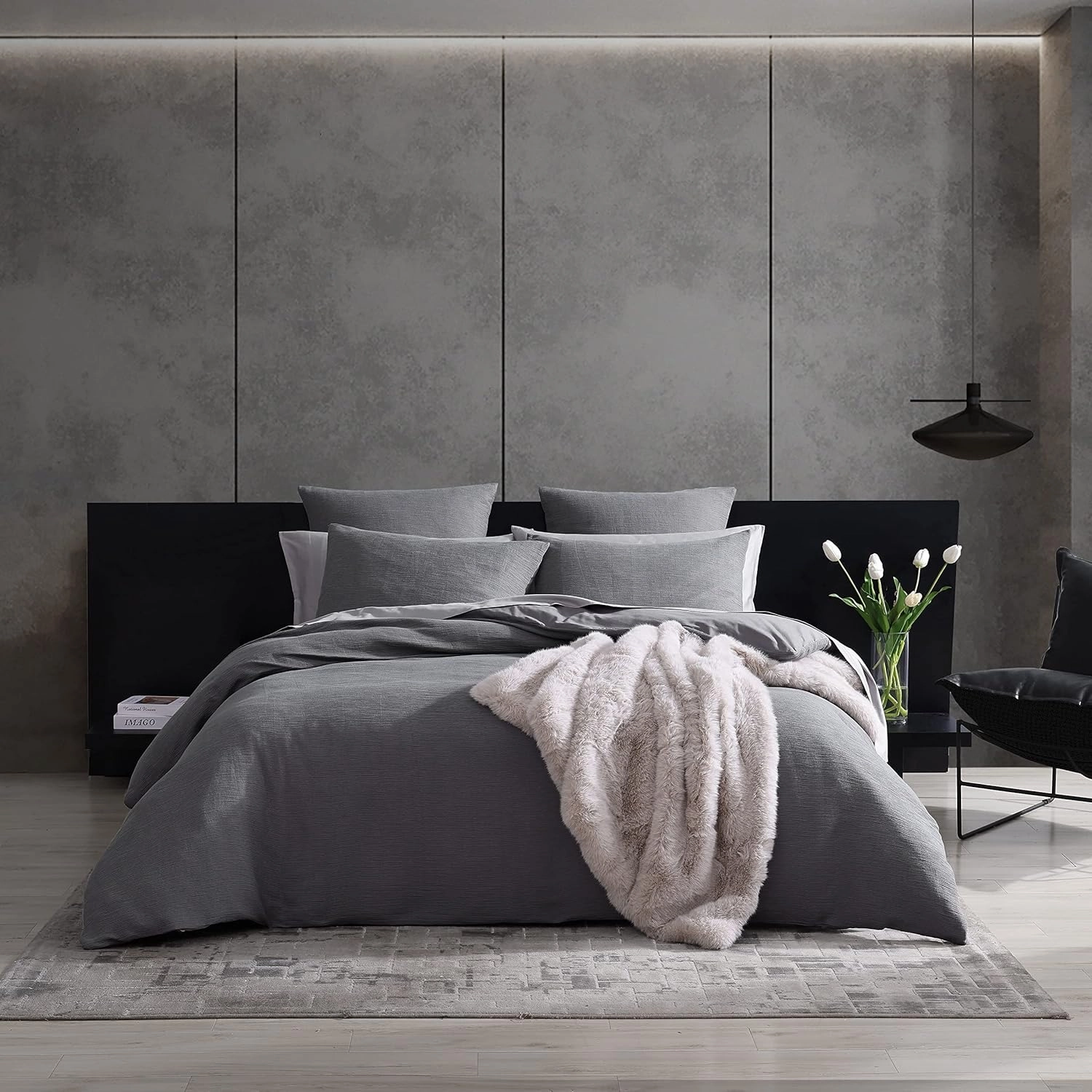 Vera Wang- King Duvet Cover Set, Reversible Cotton Bedding Set with Matching Shams, Designer Home Décor (Textured Pleats Charcoal, King)