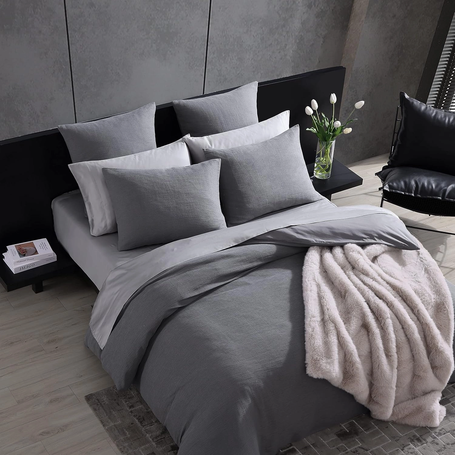 Vera Wang- King Duvet Cover Set, Reversible Cotton Bedding Set with Matching Shams, Designer Home Décor (Textured Pleats Charcoal, King)