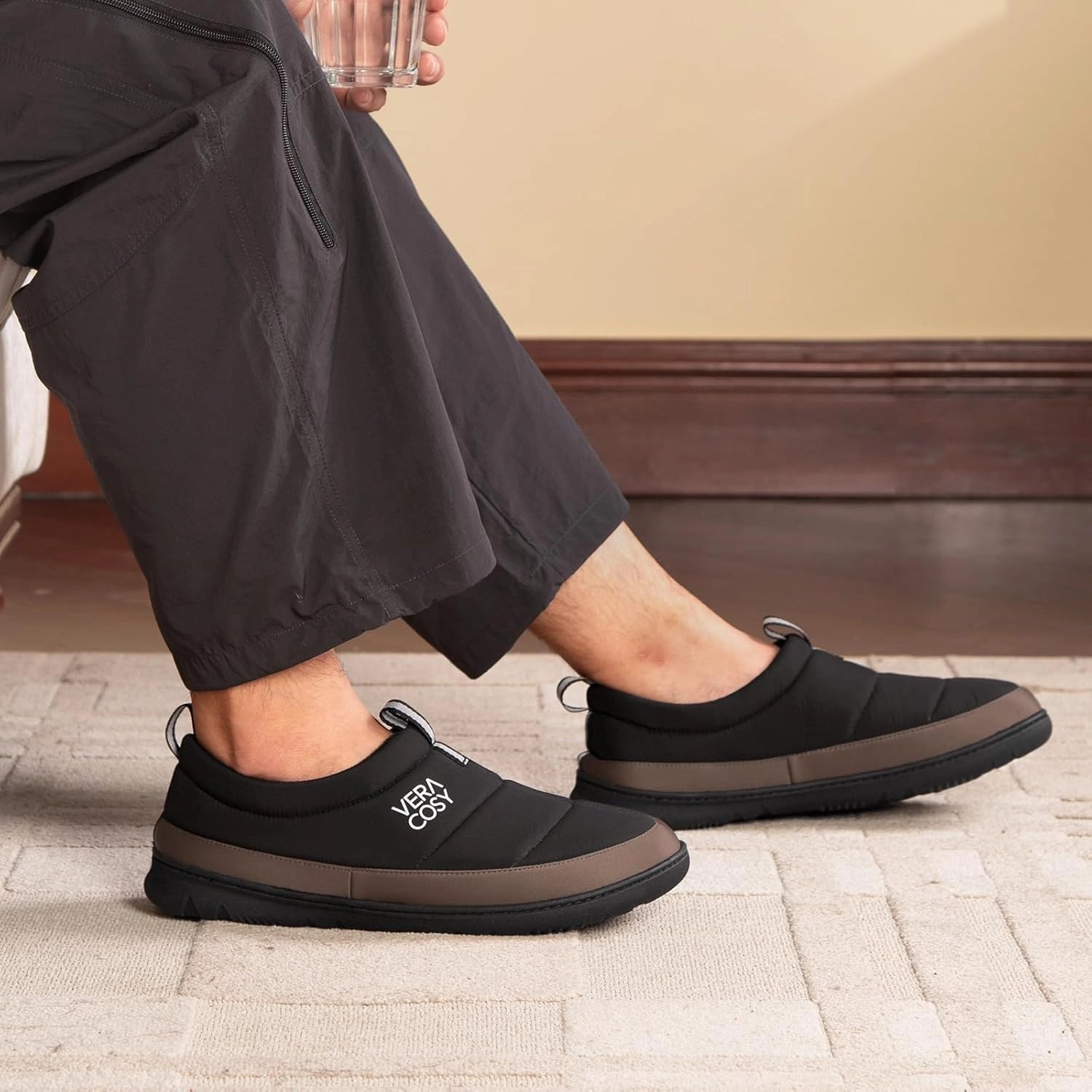 VeraCosy Men's Quilted Closed-back Slippers Comfy Lightweight Memory Foam Camping Style Indoor House Shoes