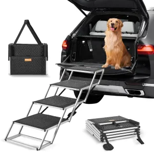 VEVOR 4-Step Dog Car Steps, Folding Dog Ramp with Nonslip Surface, Portable Pet Steps in Aluminum for Car, SUV and Truck, Supports up to 250 lbs
