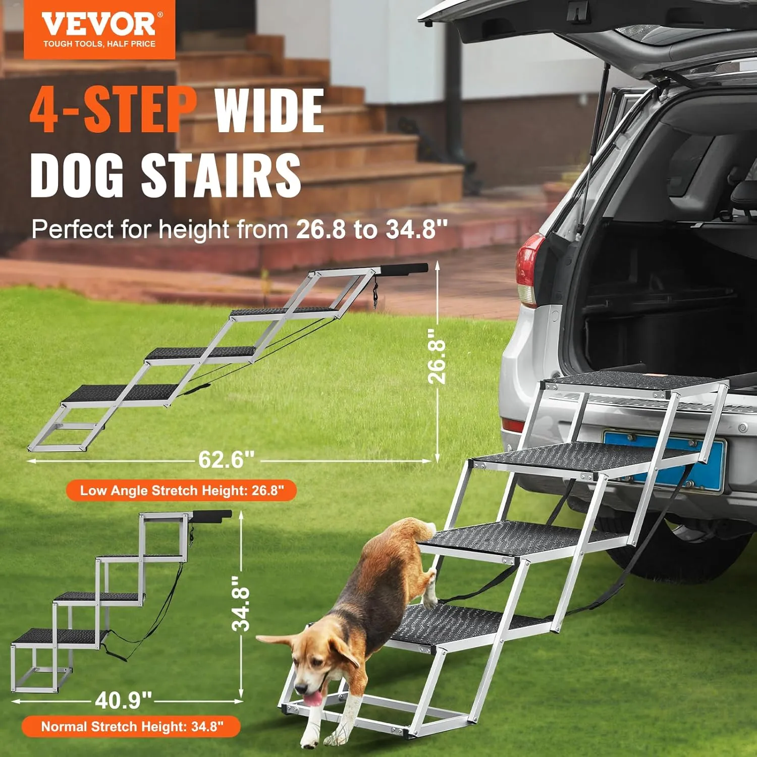 VEVOR 4-Step Dog Car Steps, Folding Dog Ramp with Nonslip Surface, Portable Pet Steps in Aluminum for Car, SUV and Truck, Supports up to 250 lbs