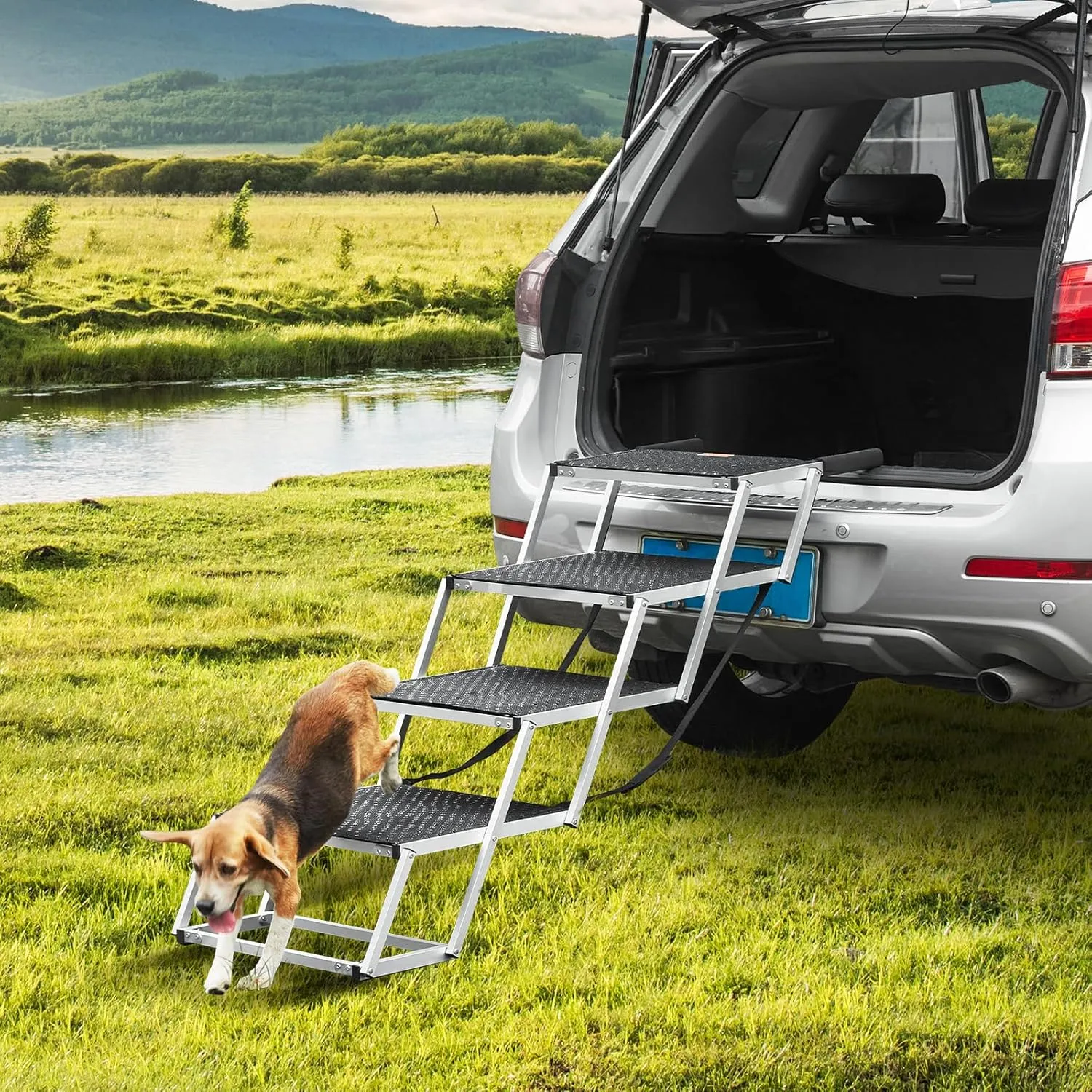 VEVOR 4-Step Dog Car Steps, Folding Dog Ramp with Nonslip Surface, Portable Pet Steps in Aluminum for Car, SUV and Truck, Supports up to 250 lbs