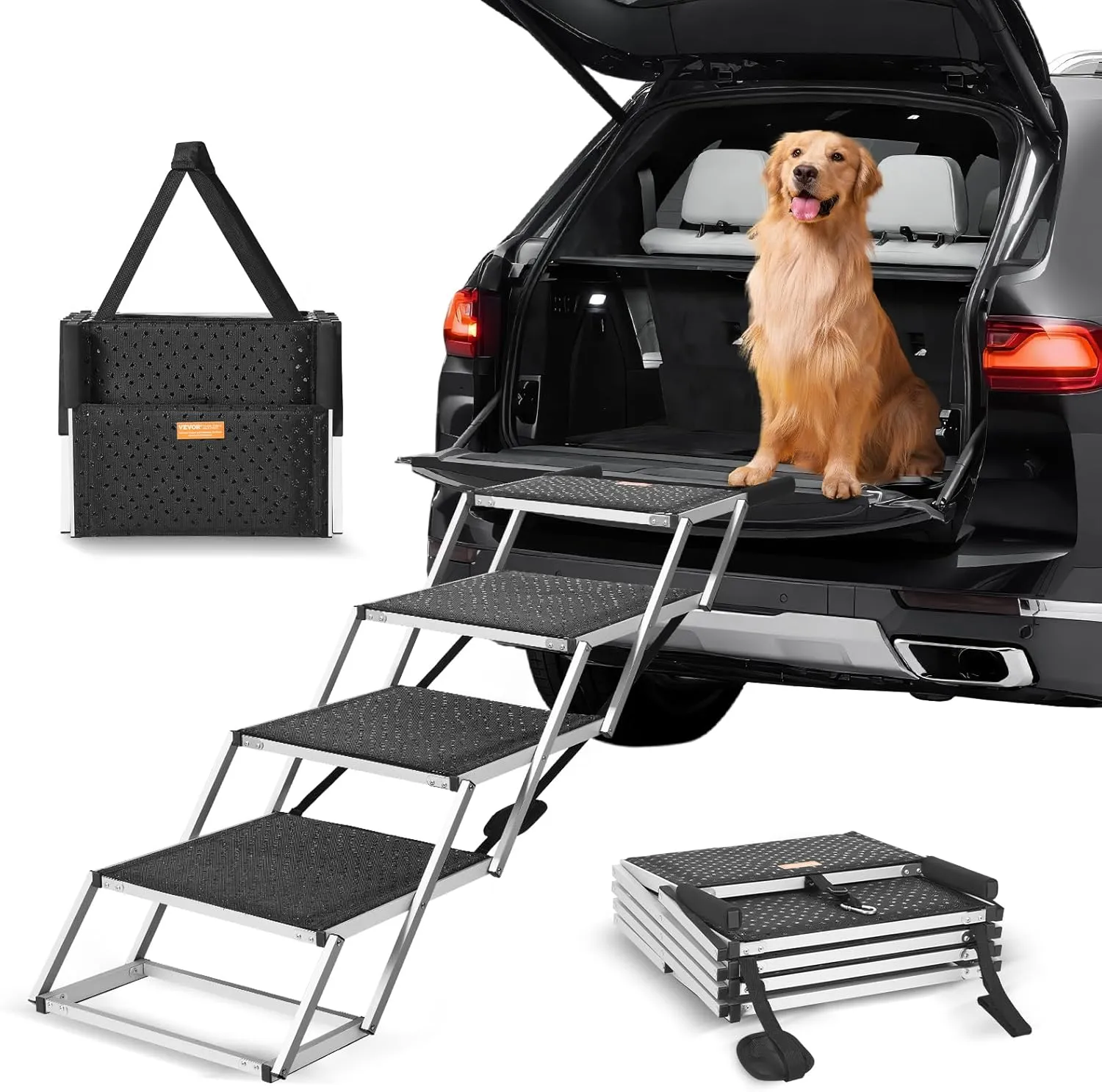 VEVOR 4-Step Dog Car Steps, Folding Dog Ramp with Nonslip Surface, Portable Pet Steps in Aluminum for Car, SUV and Truck, Supports up to 250 lbs