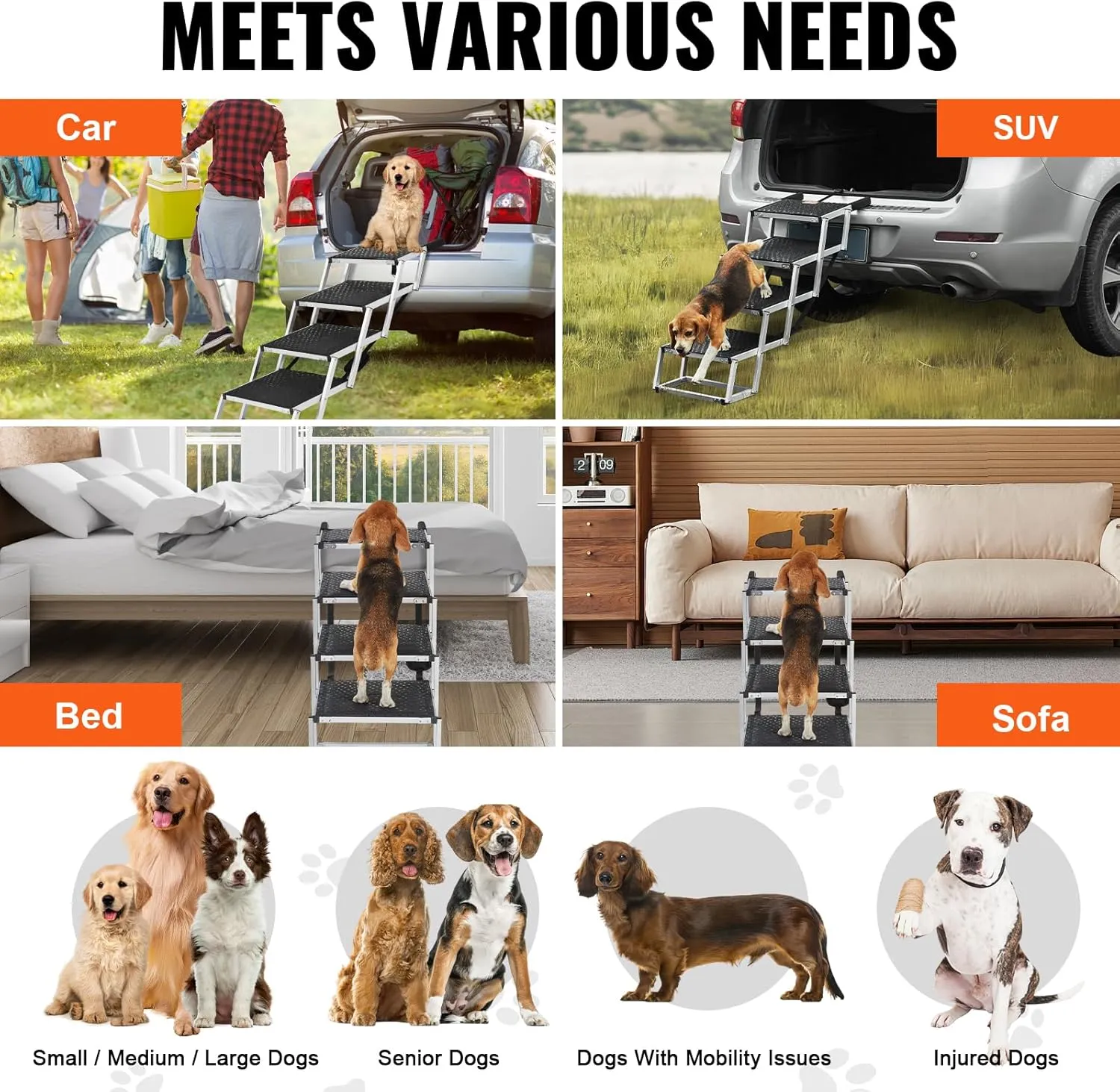 VEVOR 4-Step Dog Car Steps, Folding Dog Ramp with Nonslip Surface, Portable Pet Steps in Aluminum for Car, SUV and Truck, Supports up to 250 lbs