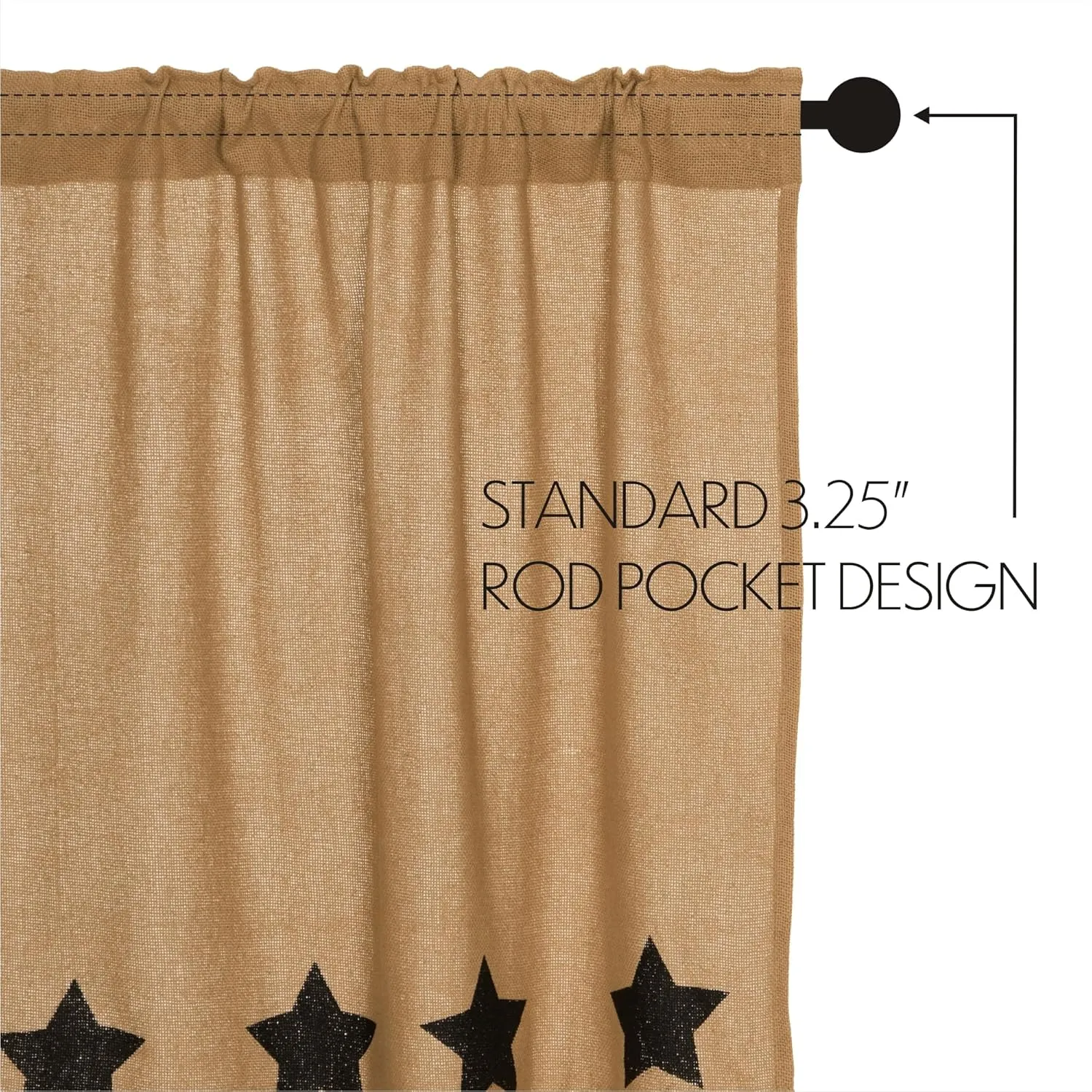 VHC Brands Burlap Natural with Black Stars Primitive 24"x36" Tier Pair Tan Rod Pocket Stenciled Cotton Kitchen Window Curtains