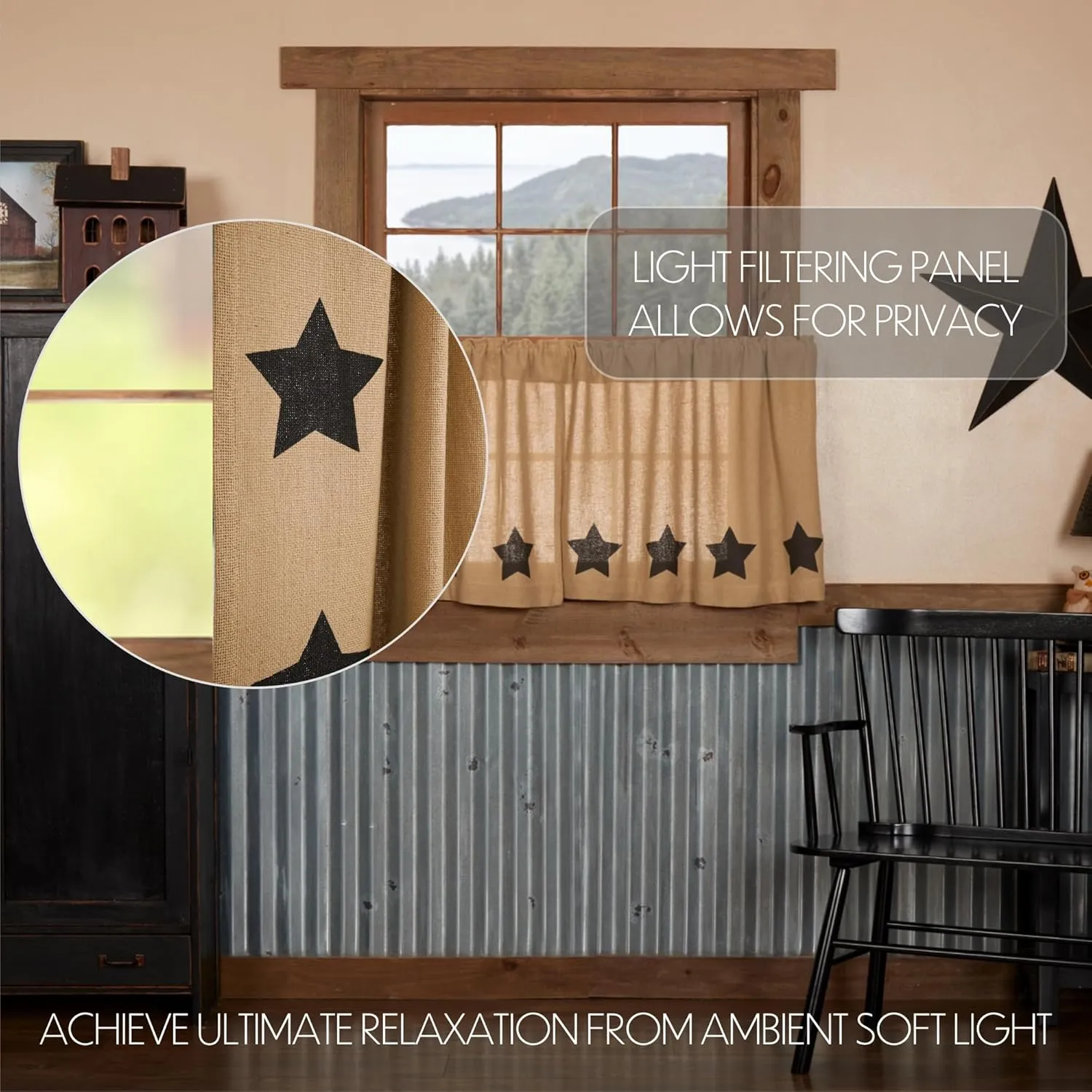 VHC Brands Burlap Natural with Black Stars Primitive 24"x36" Tier Pair Tan Rod Pocket Stenciled Cotton Kitchen Window Curtains