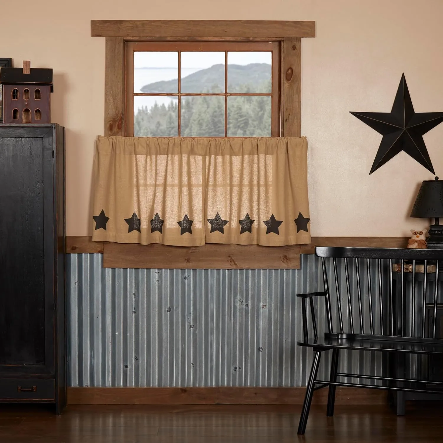 VHC Brands Burlap Natural with Black Stars Primitive 24"x36" Tier Pair Tan Rod Pocket Stenciled Cotton Kitchen Window Curtains