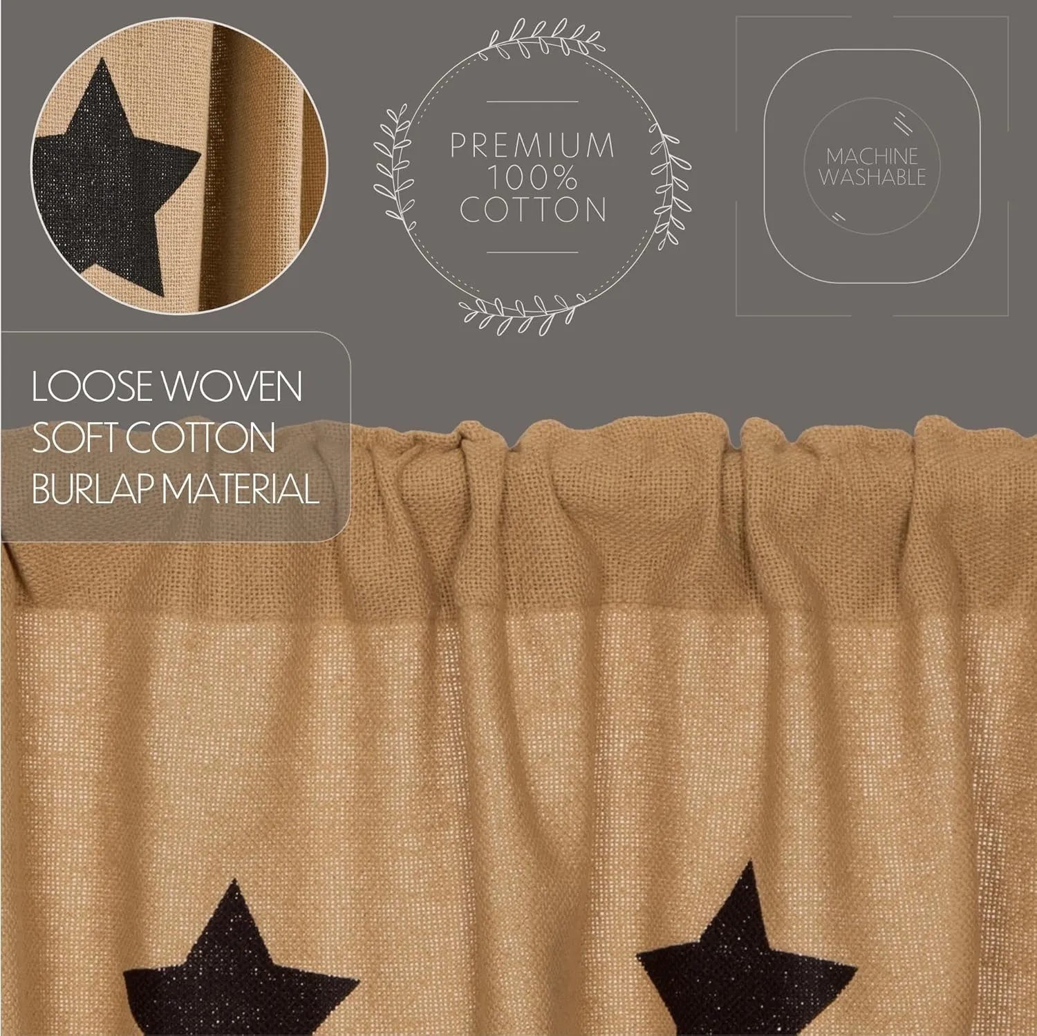VHC Brands Burlap Natural with Black Stars Primitive 24"x36" Tier Pair Tan Rod Pocket Stenciled Cotton Kitchen Window Curtains