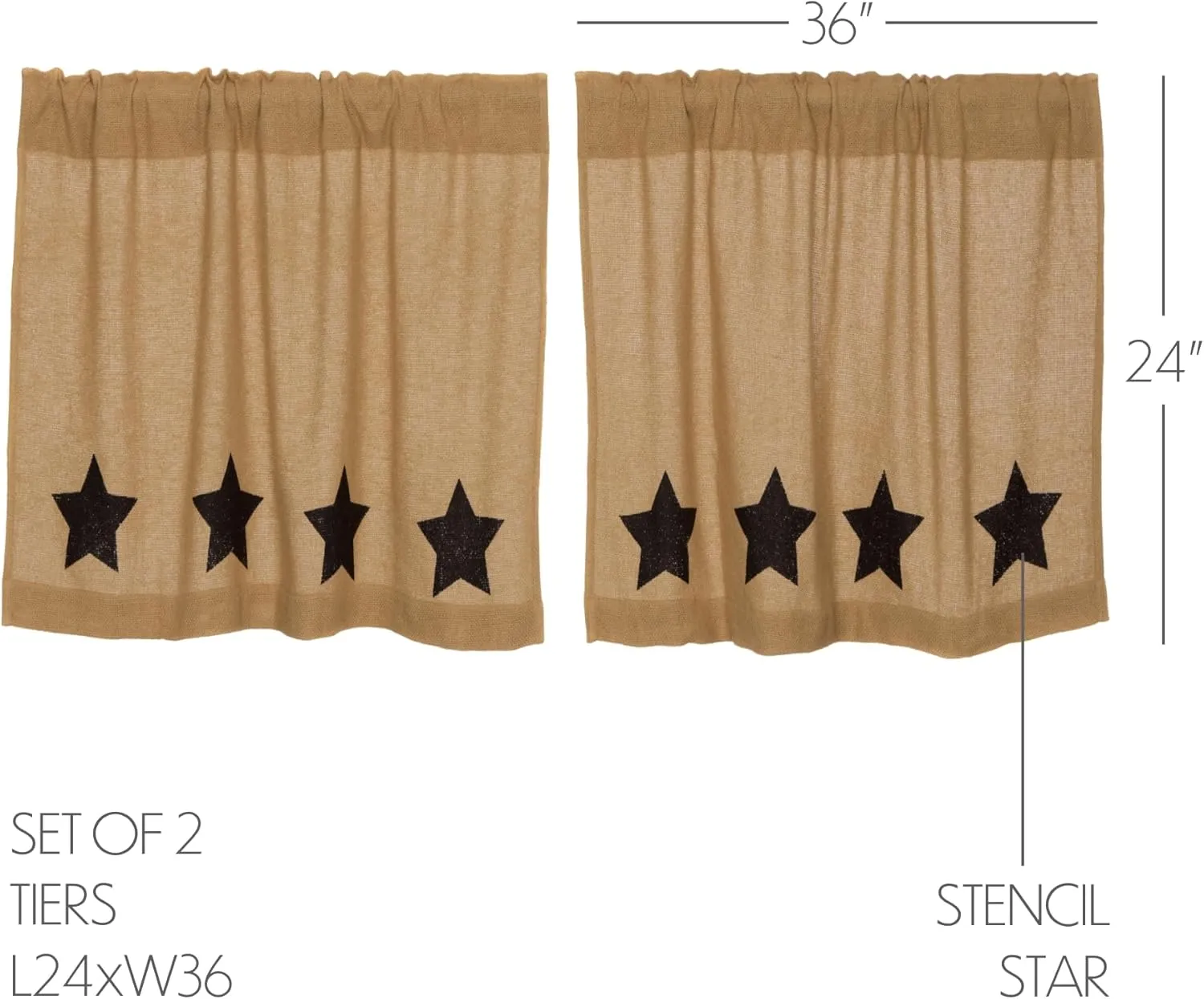 VHC Brands Burlap Natural with Black Stars Primitive 24"x36" Tier Pair Tan Rod Pocket Stenciled Cotton Kitchen Window Curtains
