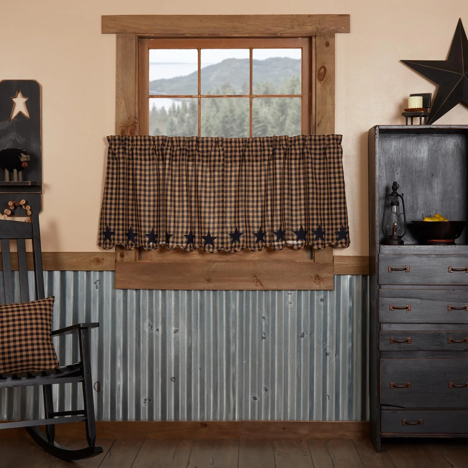 VHC Brands Star Cotton Primitive Kitchen Curtains Rod Pocket Appliqued 24x36 Tier Pair, Navy Blue