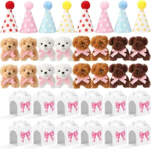 Vinsot 16 Set Mini Plush Dog Favors Gifts Adopt a Dog Set Include 16 Mini Stuffed Puppy with Bow 16 Cute Cone Hats 16 Kraft Paper Boxes for Puppy Animal Themed Birthday Party Supplies