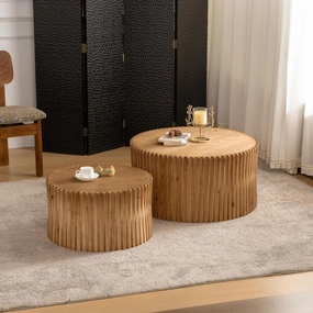 Vintage Nesting Coffee Table Set of 2-Textured Embossed Cylindrical Design for Living Room, Office & Dining Room-Natural Finish, Space-Saving