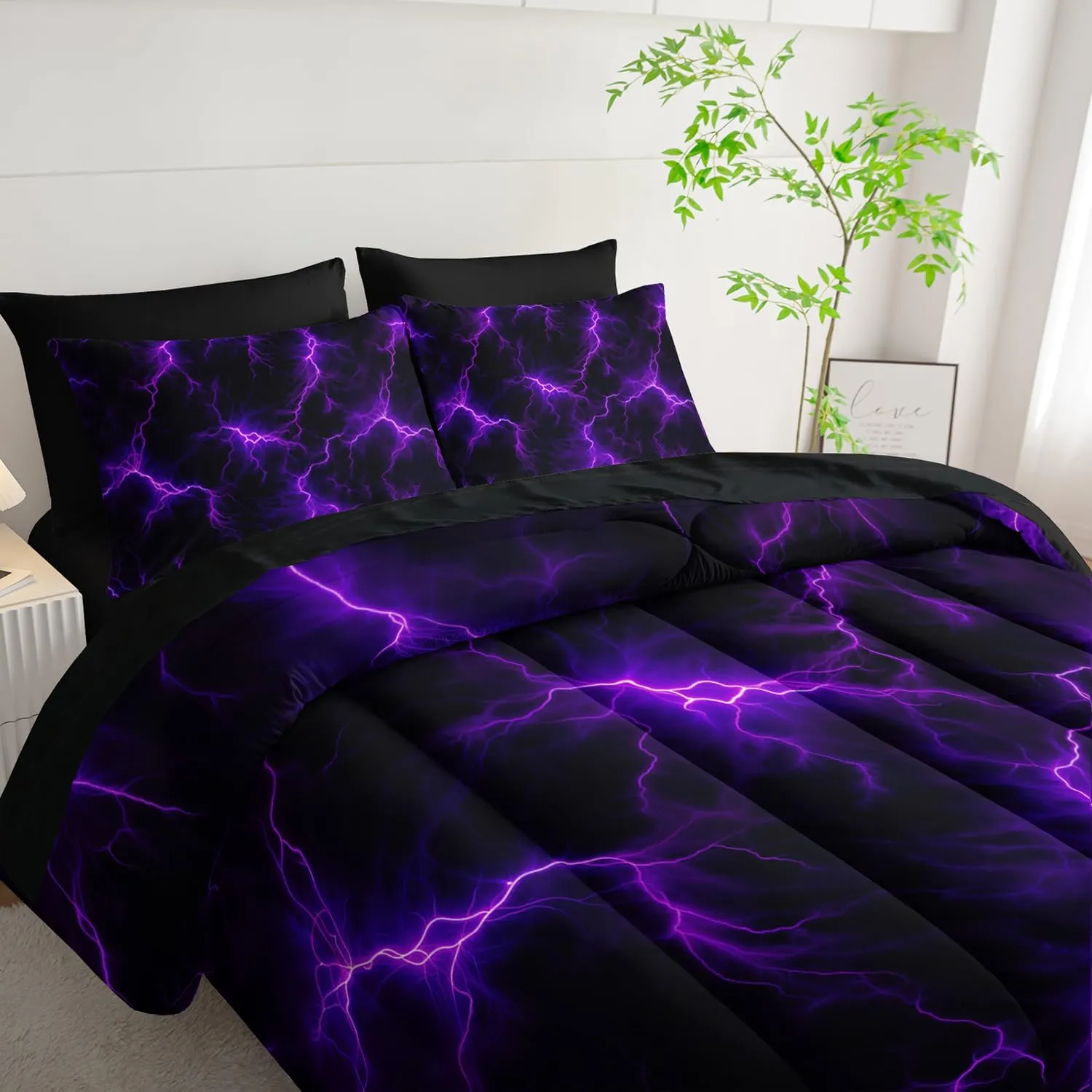 Violet Lightning Comforter Set Full Thunder Bedding Sets 7PCS,LightLight Violet 7 Piece in A BagLight Violet Lightning Bedding Set 7 Piece in A Bag,Bed Sheet Set Violet Lightning Decor