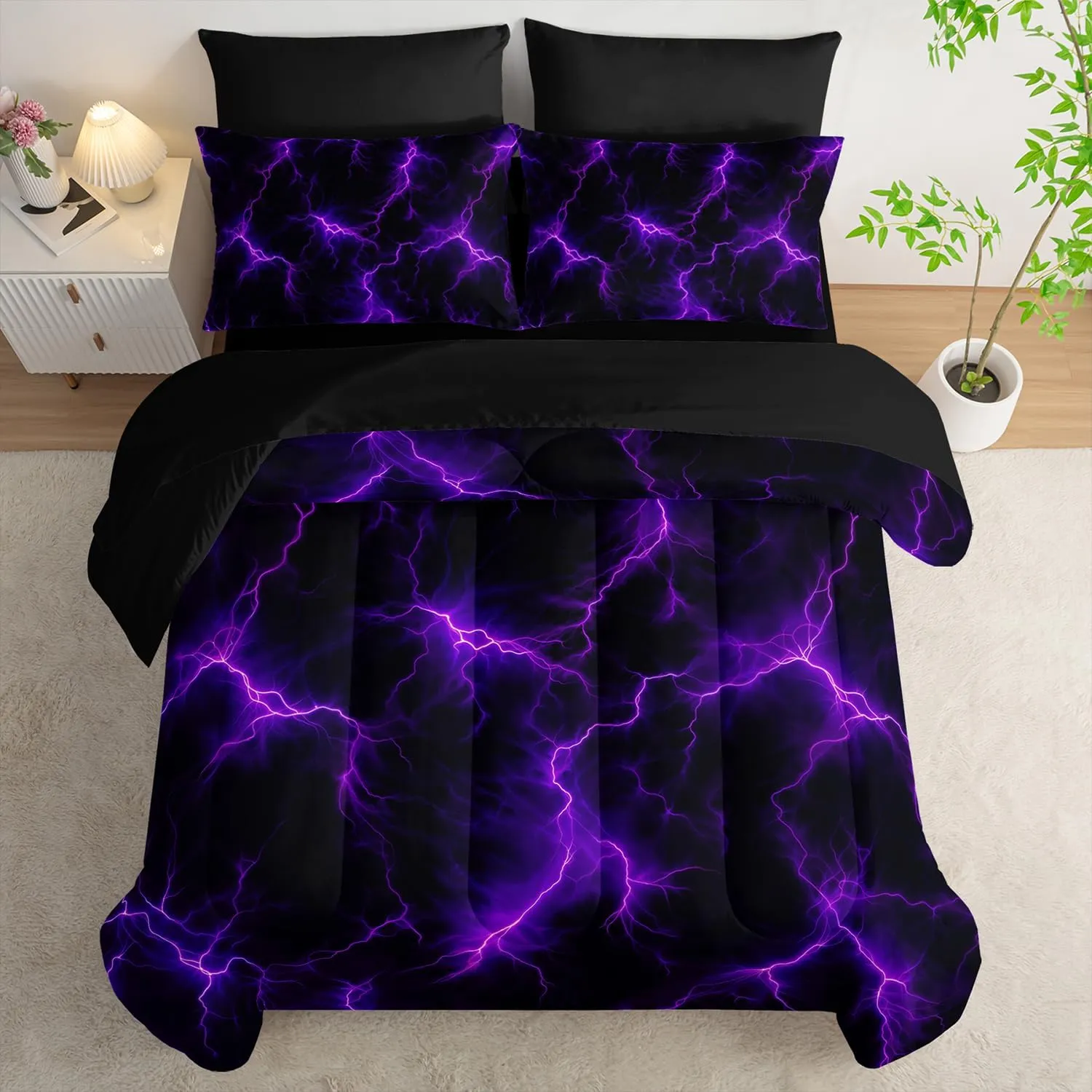 Violet Lightning Comforter Set Full Thunder Bedding Sets 7PCS,LightLight Violet 7 Piece in A BagLight Violet Lightning Bedding Set 7 Piece in A Bag,Bed Sheet Set Violet Lightning Decor