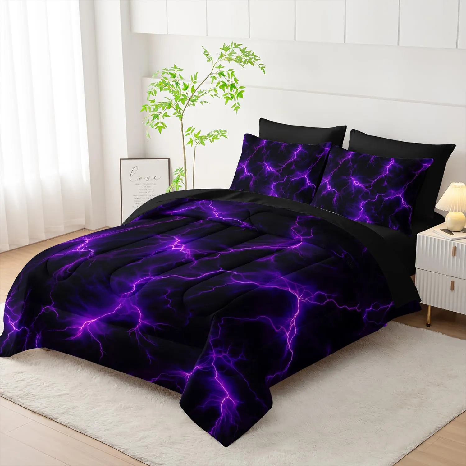 Violet Lightning Comforter Set Full Thunder Bedding Sets 7PCS,LightLight Violet 7 Piece in A BagLight Violet Lightning Bedding Set 7 Piece in A Bag,Bed Sheet Set Violet Lightning Decor