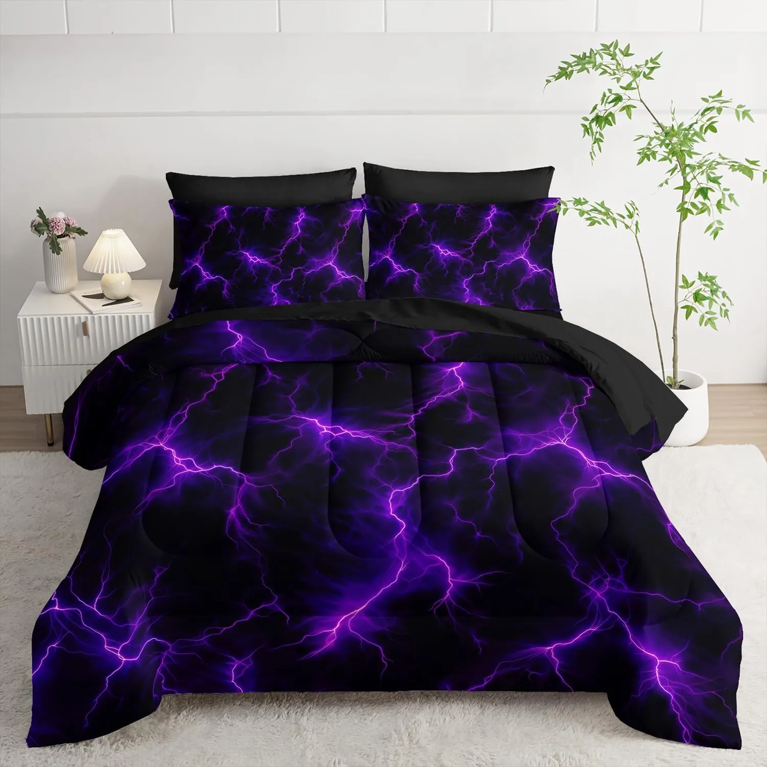 Violet Lightning Comforter Set Full Thunder Bedding Sets 7PCS,LightLight Violet 7 Piece in A BagLight Violet Lightning Bedding Set 7 Piece in A Bag,Bed Sheet Set Violet Lightning Decor
