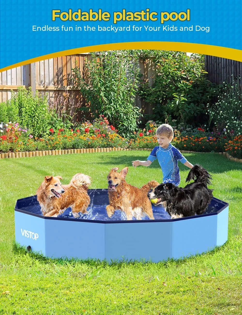 VISTOP Extra Large Foldable Dog Pool XXL, Hard Plastic Shell Portable Swimming Pool for Dogs Cats and Kids Pet Puppy Bathing Tub Collapsible Kiddie Pool (67inch.D x 11.8inch.H, Blue)