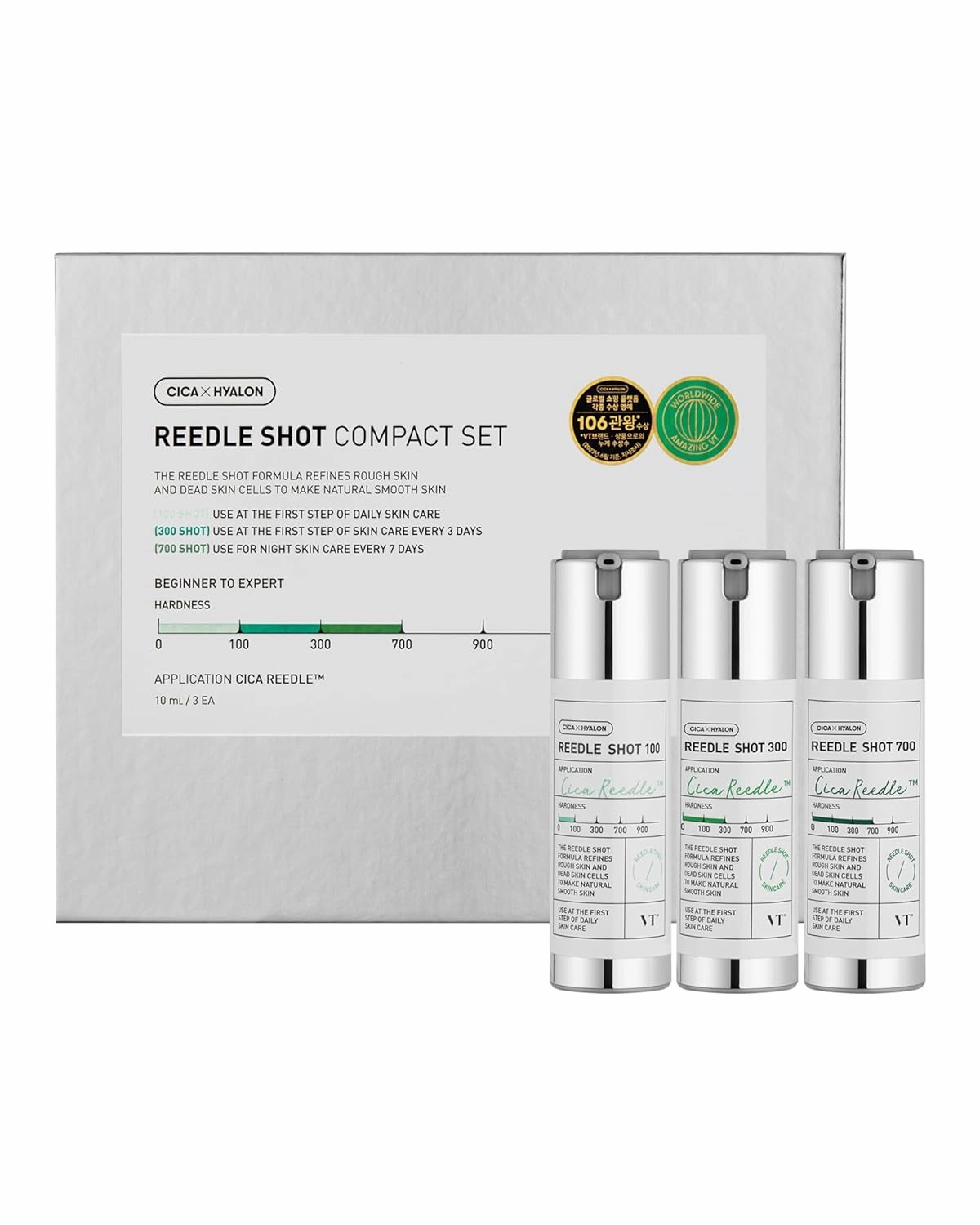 VT COSMETICS Reedle Shot Compact Set, Microneedling Serum Gift Set with Reedle Shot 100, 300, 700, Exfoliating, Anti-Aging, Travel Size Skincare for Women (0.34 oz / 10ml Each)