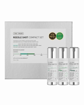 VT COSMETICS Reedle Shot Compact Set, Microneedling Serum Gift Set with Reedle Shot 100, 300, 700, Exfoliating, Anti-Aging, Travel Size Skincare for Women (0.34 oz / 10ml Each)