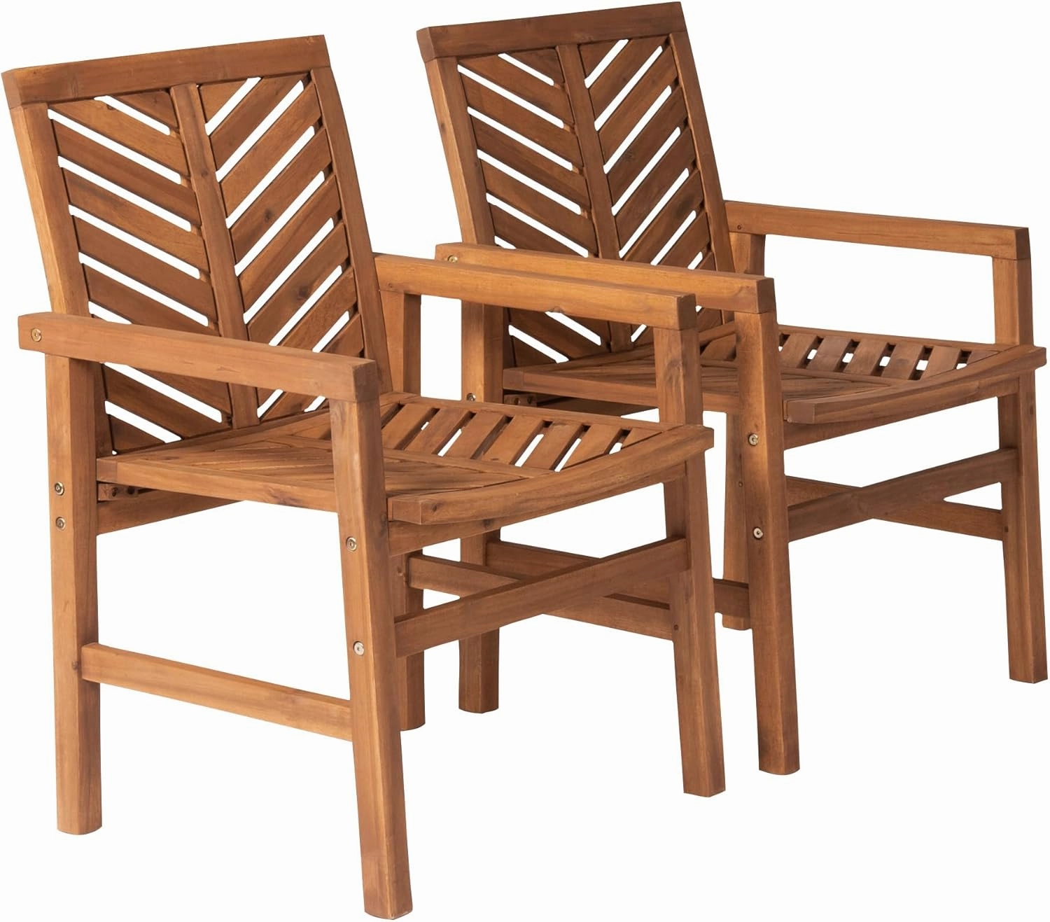 Walker Edison 2 Piece Outdoor Patio Chevron Wood Chair Set All Weather Backyard Conversation Garden Poolside Balcony, Set of 2, Brown